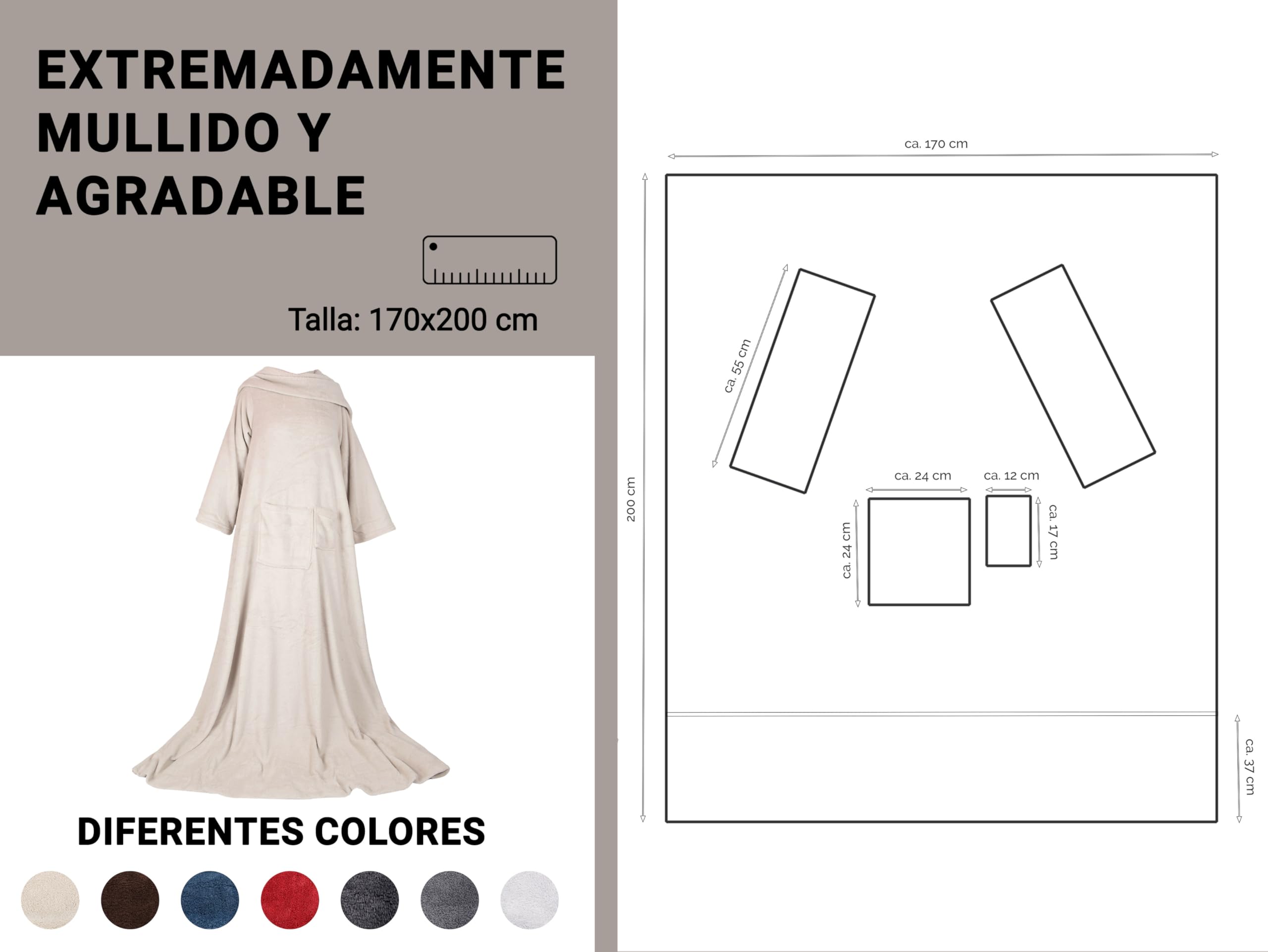 ZOLLNER Manta con Mangas: Manta para sofá Muy acogedora y cálida, Color Beige, 170 x 200 cm, con Bolsillos, Lavable a 95 °C, Calidad hotelera, certificación Oeko Tex®