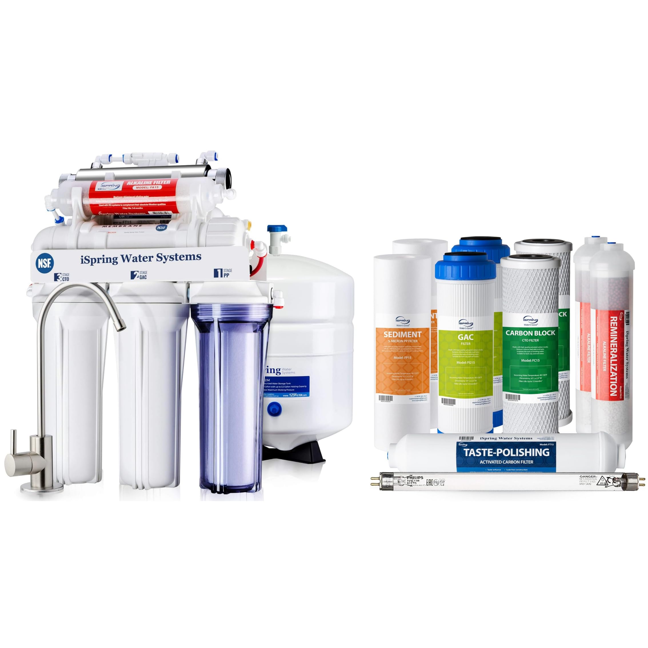 iSpring RCC7AK-UV Sistema de Filtración de Agua Potable por Ósmosis Inversa de 7 Etapas Bajo el Fregadero + iSpring F10KU Juego de Filtros de Repuesto para 1 Año Certificado NSF