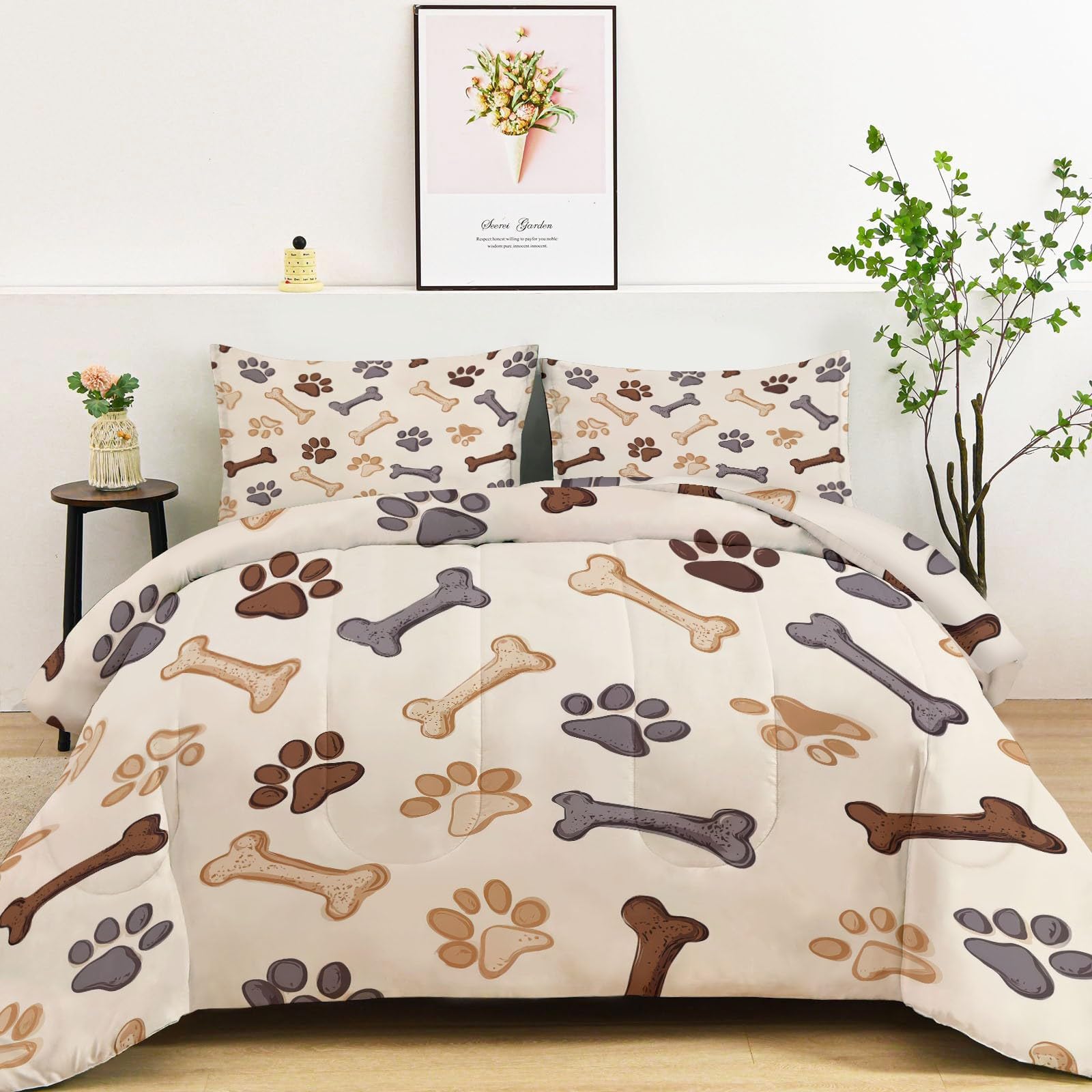 Retro Style Quilted Comforter Set King Size, Paw Prints Corgi Lightweight 3 Pieces Bedding Set, Light Brown Soft Warm Down Comforter 104" x 90" Quilted Bedding Sets for Girls Boys Kids