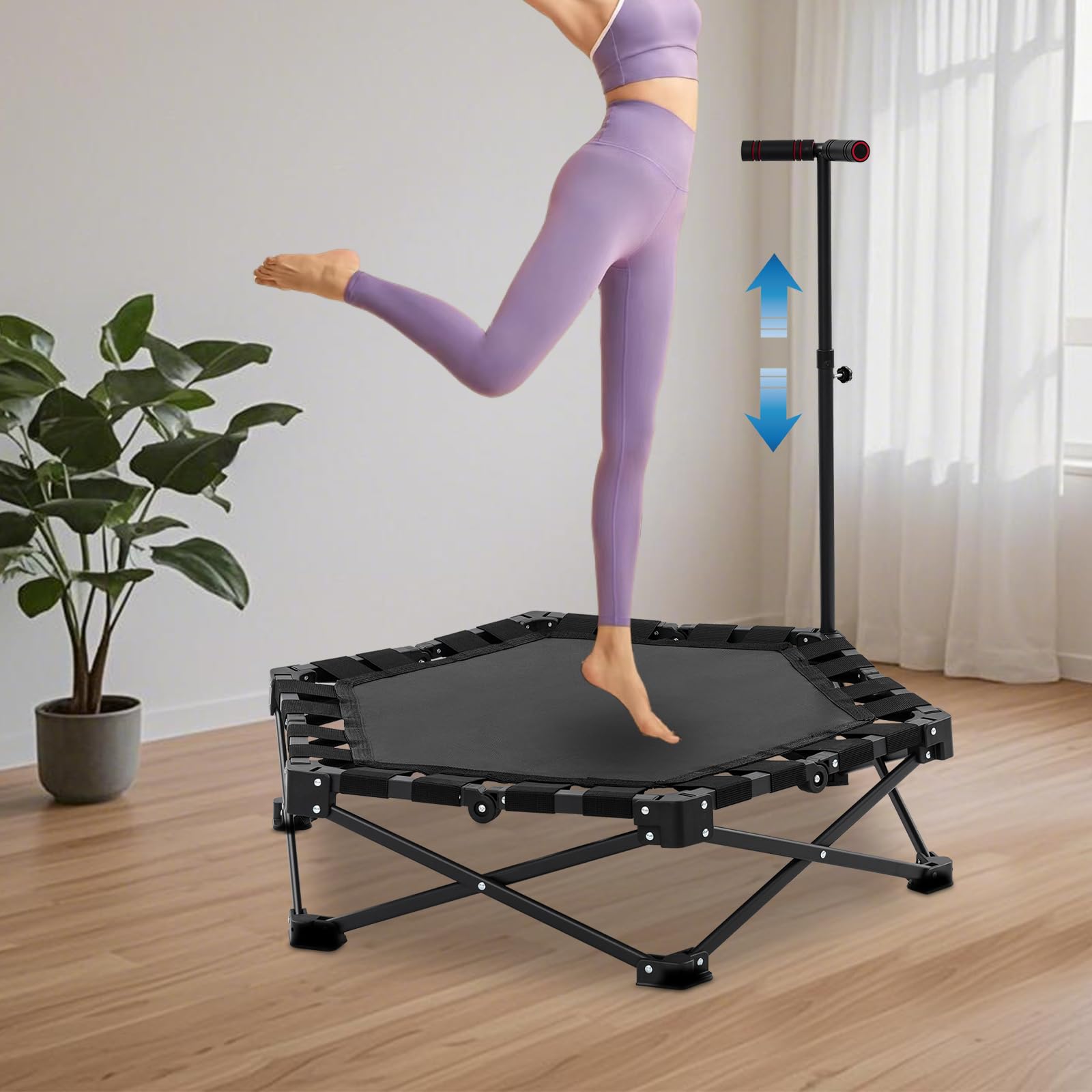 Składana trampolina fitness, nośność 150 kg, trampolina treningowa, z uchwytem, do użytku wewnątrz i na zewnątrz, sześciokątna, stabilne podparcie