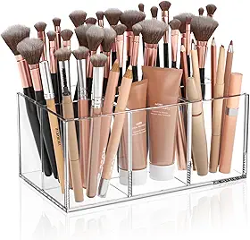 HIIMIEI Organizador de pincéis de maquiagem transparente de acrílico com 6 compartimentos, organizador de pincéis de cosméticos para bancada