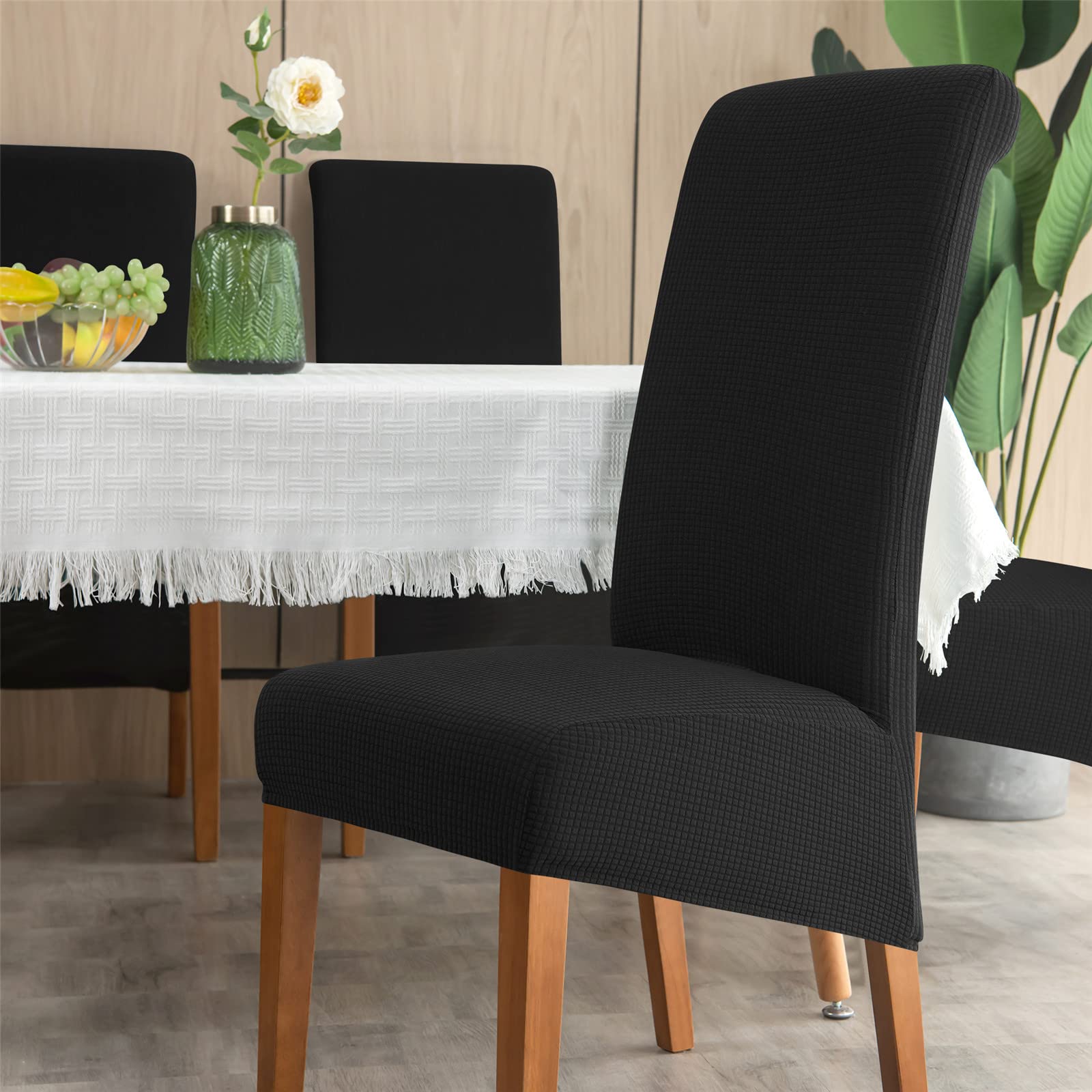 Chickwin Waterproof Extra Large High Back Dining Chair Covers, Plaid Jacquard Chairs Slipcovers Set of 1 2 4 6, Stretch Elastic Chair Protectors for Kitchen Banquet Wedding (1 Pieces,Black)
