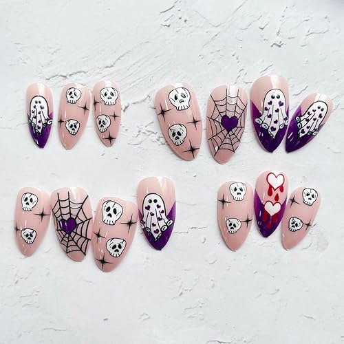 Miniatura 5 de Uñas postizas a presión de Halloween, uñas postizas medianas de almendra, cobertura completa, tela de araña, sangre de Halloween, diseños de uñas
