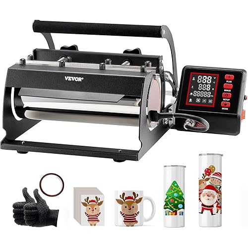 VEVOR Tumbler Heat Press Machine, 11-30oz Mug Press, Heat Up Fast and Even, Tumbler Press with Sublimation Paper, Tape and Gloves, Temp and Time Setting, for Sublimation Tumblers, Cups, Mugs, Black