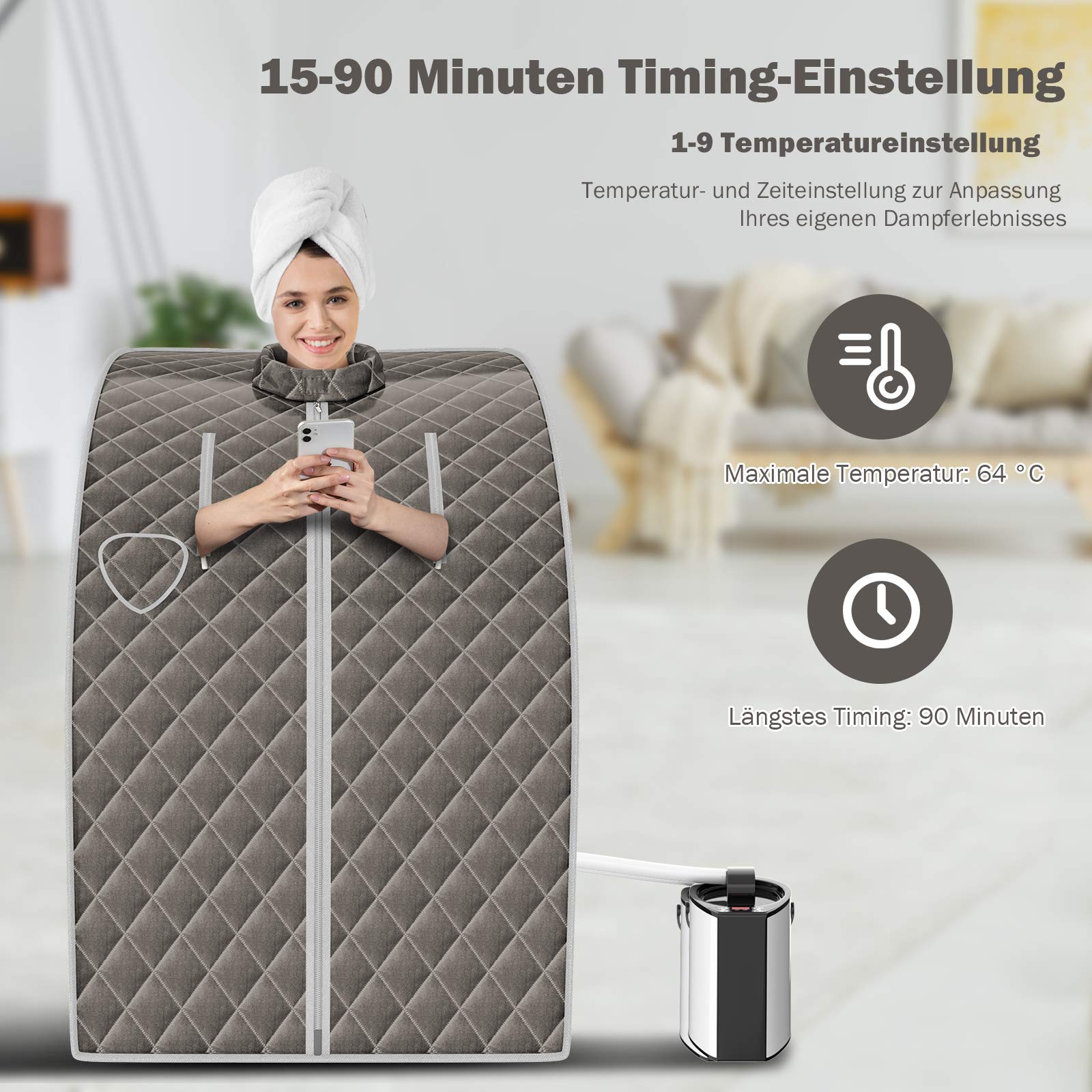 COSTWAY 3L Mini Dampfsauna mit Zerstäubungsfunktion, Heimsauna mit Fernbedienung, Wärmekabine 78 x 87 x 101 cm Braun