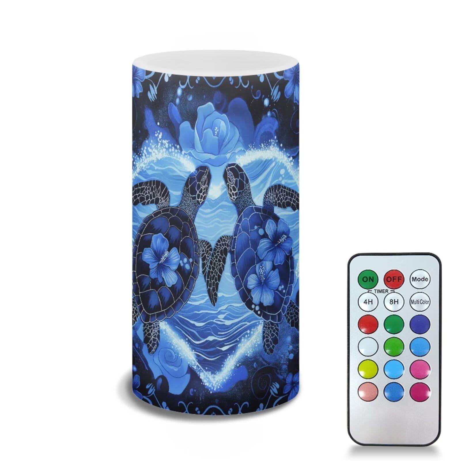 Poceacles Sea Turtle Flickering Flameless LED Battery Candles Pillar Candles Tealight with 18-Key Timer Remote with Colorful Light for Indoor Outdoor Home Decoration, Blue Sea Turtle Hibiscus