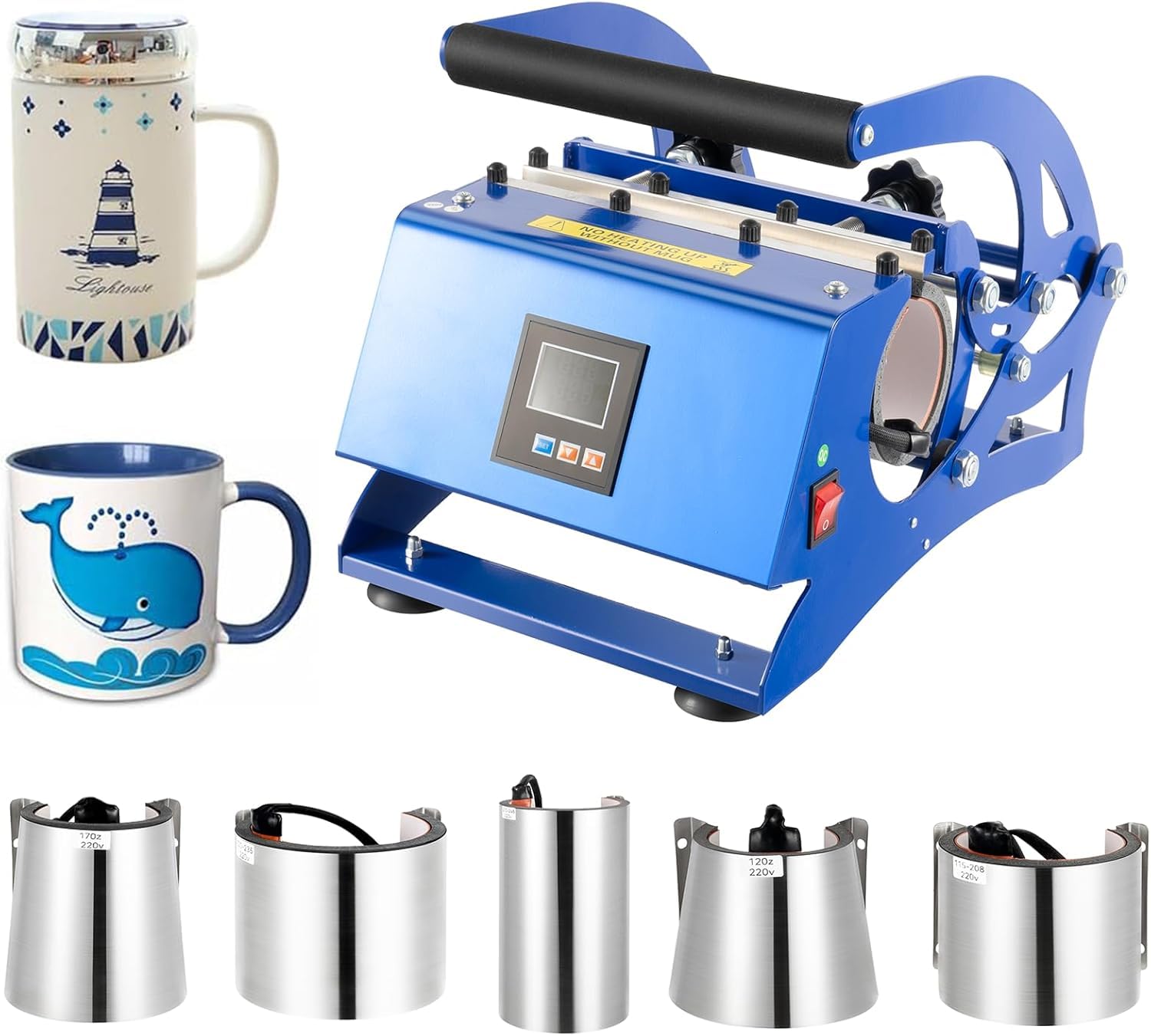 OUKANING 6 en 1 Prensa Térmica para Tazas 8-30oz Sublimacion Tazas Maquina 600W Control de Temperatura y Tiempo, Máquina de Prensado de Tazas, Prensa de Calor para Tazas de cerámica/vidrio/metal(Azul)