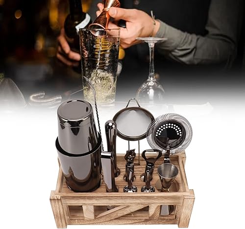 Miniatura 3 de Juego de coctelera de acero inoxidable con soporte de madera, herramienta profesional de bar para bar, fiesta en casa, juego de regalo de mezcla de