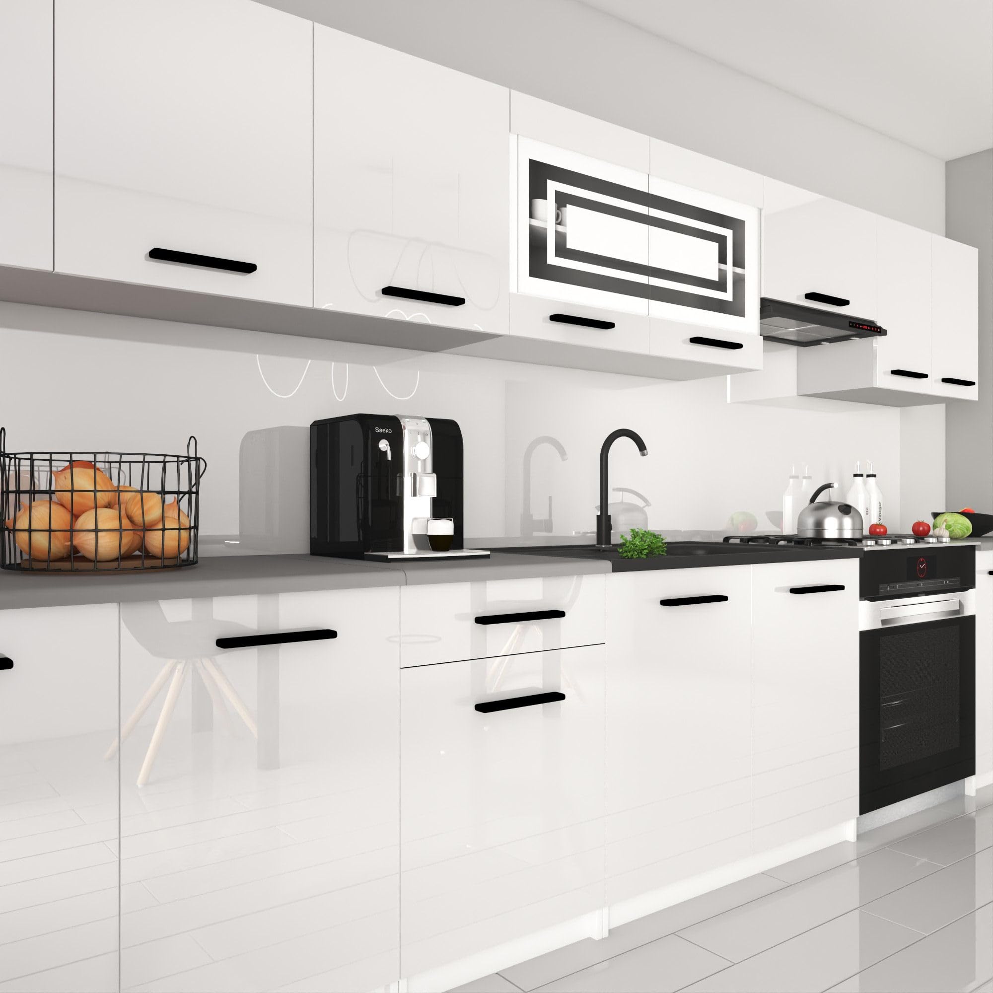 Belini Italia 3 Liniowa szafka kuchenna 320cm Biały Błyszczący | ECONATURA DECOR Liniowa szafka kuchenna, szafka, bez sprzętu AGD, z blatem roboczym