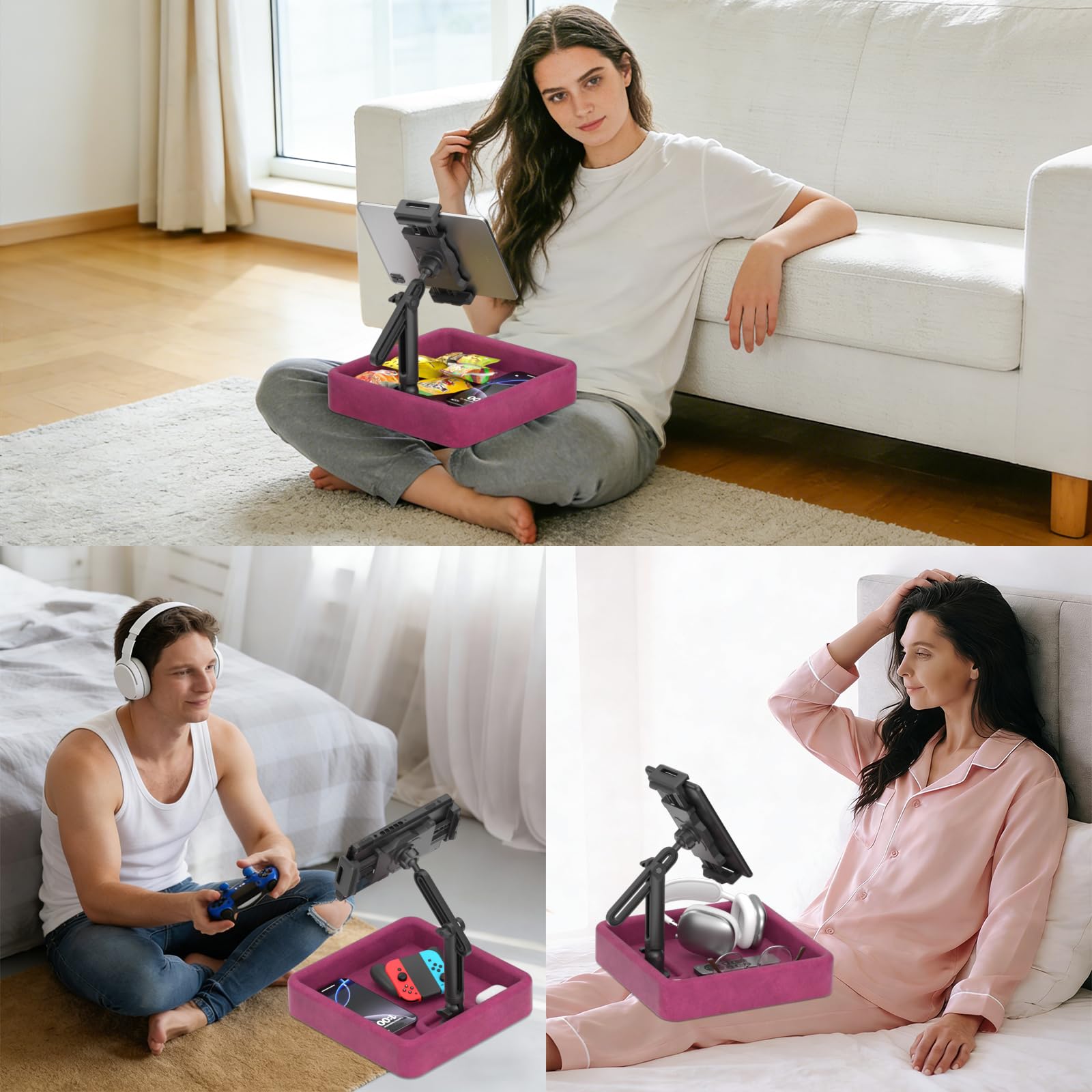 KDD Coussin Support Tablette - Porte iPad Réglable pour Genoux, Lit, Bureau - Support Kindle Pliable avec Plateau de Rangement, Compatible avec iPad Pro 12.9, Air, Mini, Téléphone, E-Reader, Violet