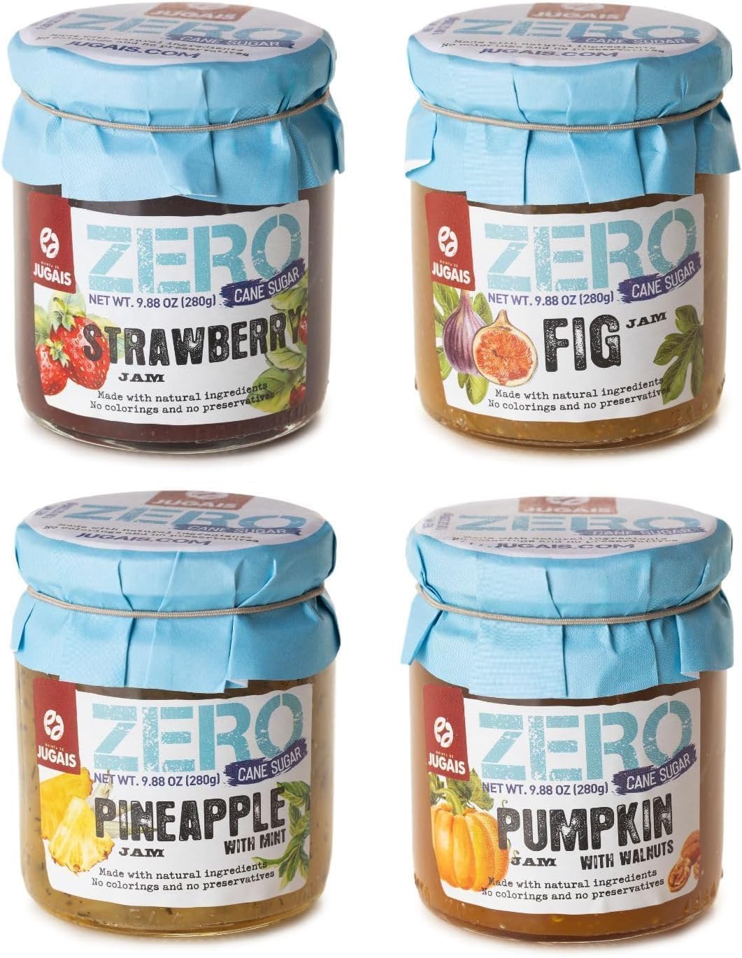 Auswahl an Marmeladen ohne Zuckerzusatz, 4er-Set à 280 g, Feige, Erdbeere, Ananas mit Minze, Kürbis mit Walnuss, natürlich süß