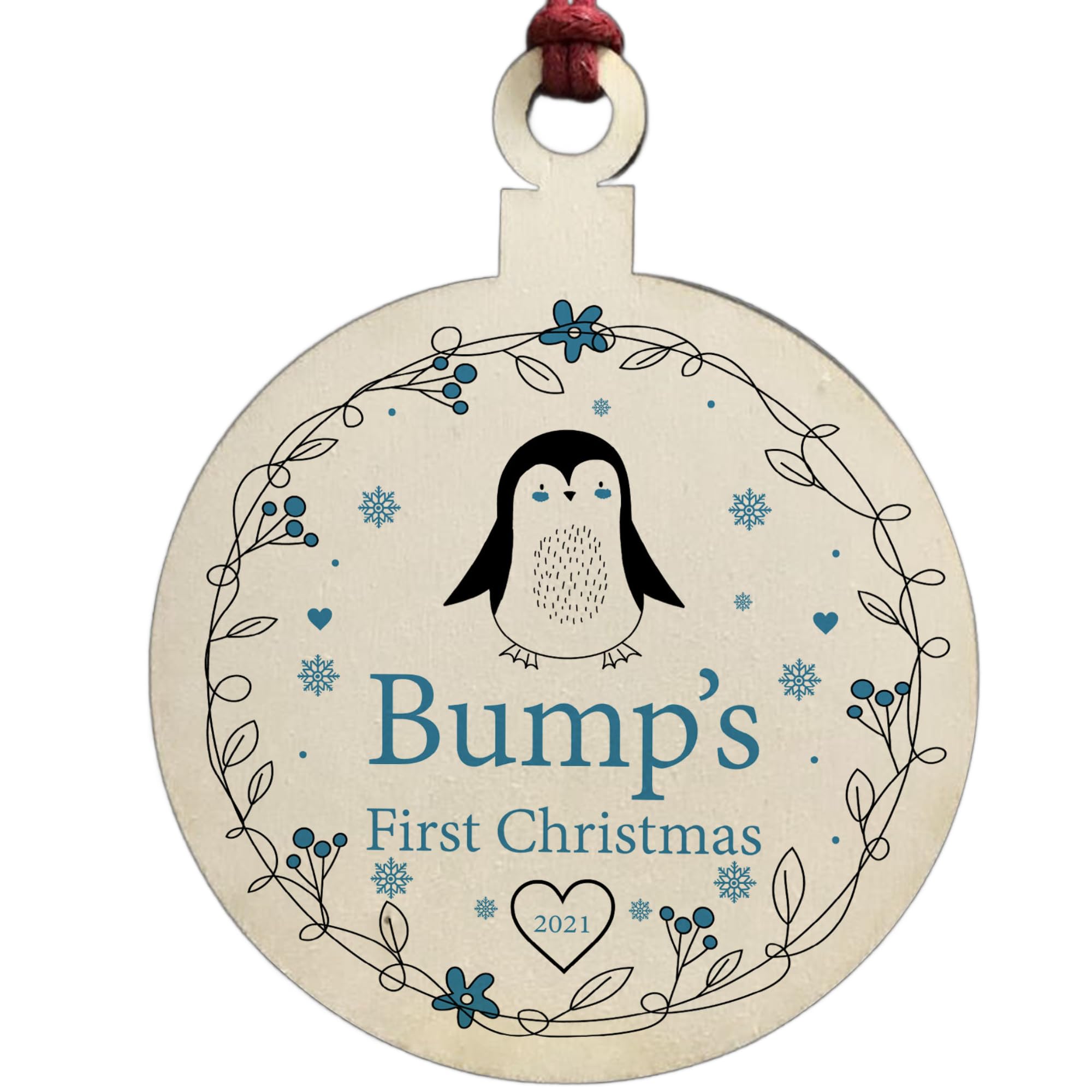 Bumps First Christmas Wooden Hanging Bauble Mum Dad Gift Penguin Design