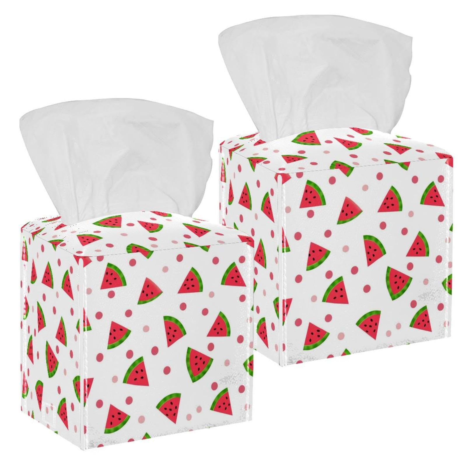Watermelon Tissue Box Cover, 2 Pack PU Leather Square Facial Tissue Dispenser Box holder for Home Office Car