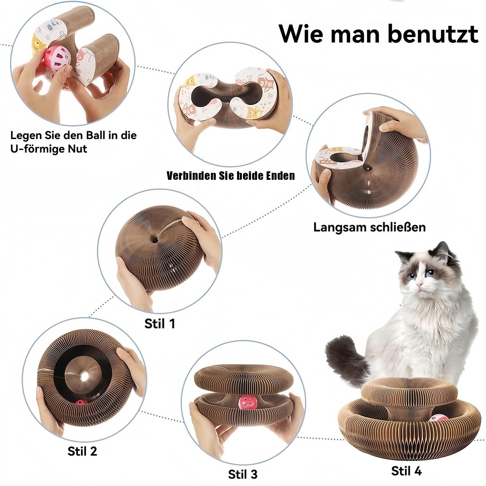Flexiplay – 2in1 Kratz- und Spielring, Kratzkokon für Katzen mit Ball, Katzenwirbel Katzenliebling, Flexibles Katzenspielzeug für Den Innen und Außenbereich, Lindert Katzenstress(A,3 Stück)