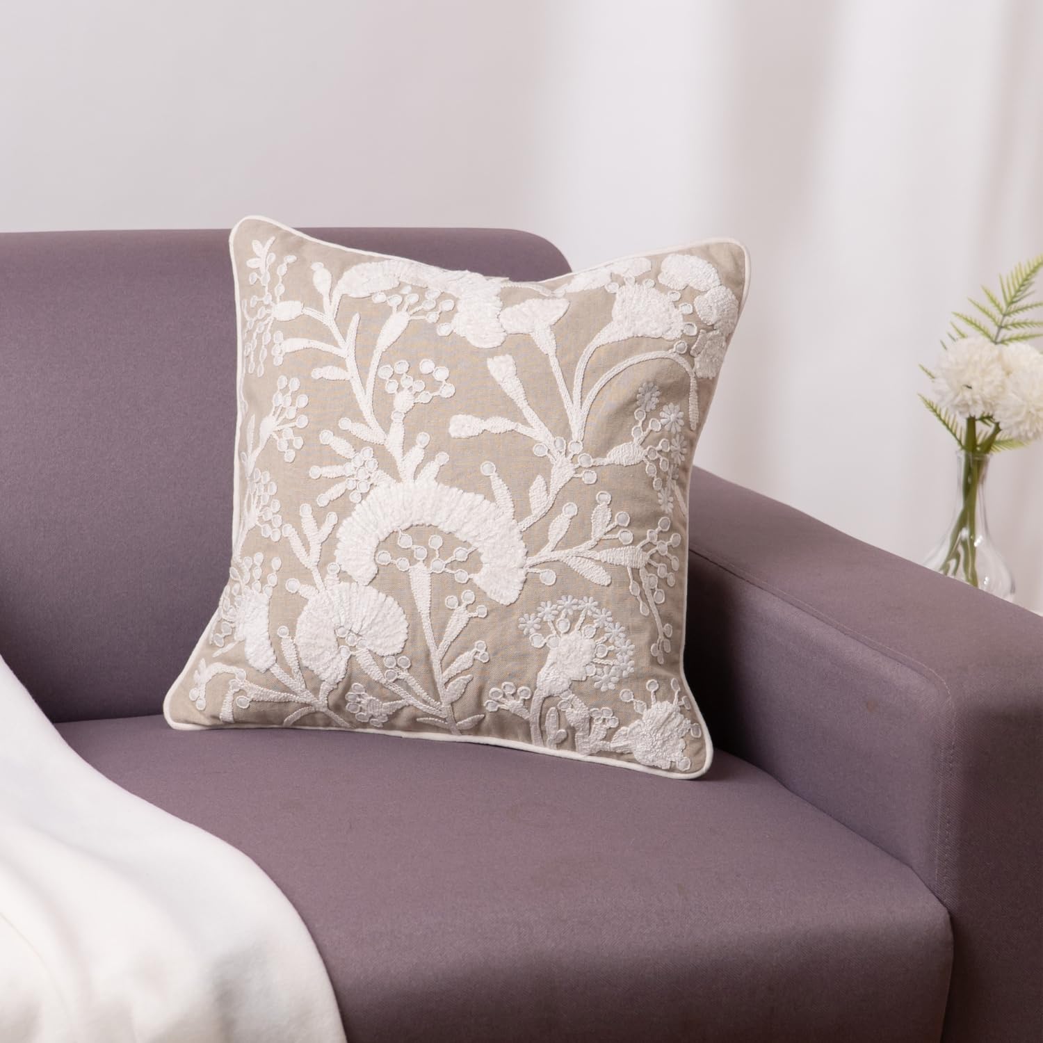 haus & kinder Decorative Embroidered Cushion Cover | Serene Foliage Throw Cushion Cover for Sofa, Living Room | Cotton Cushion Covers 16 Inch X 16 Inch