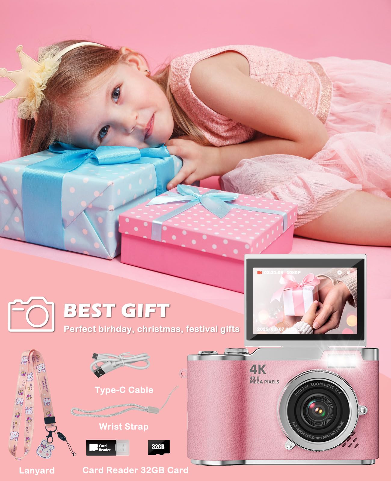 Cámara para niños, cámara digital 4K para fotografía, cámara selfie de video HD de 48MP 1080P, con flash de pantalla abatible de 180°, con tarjeta SD de 32 GB, para principiantes, niños 5