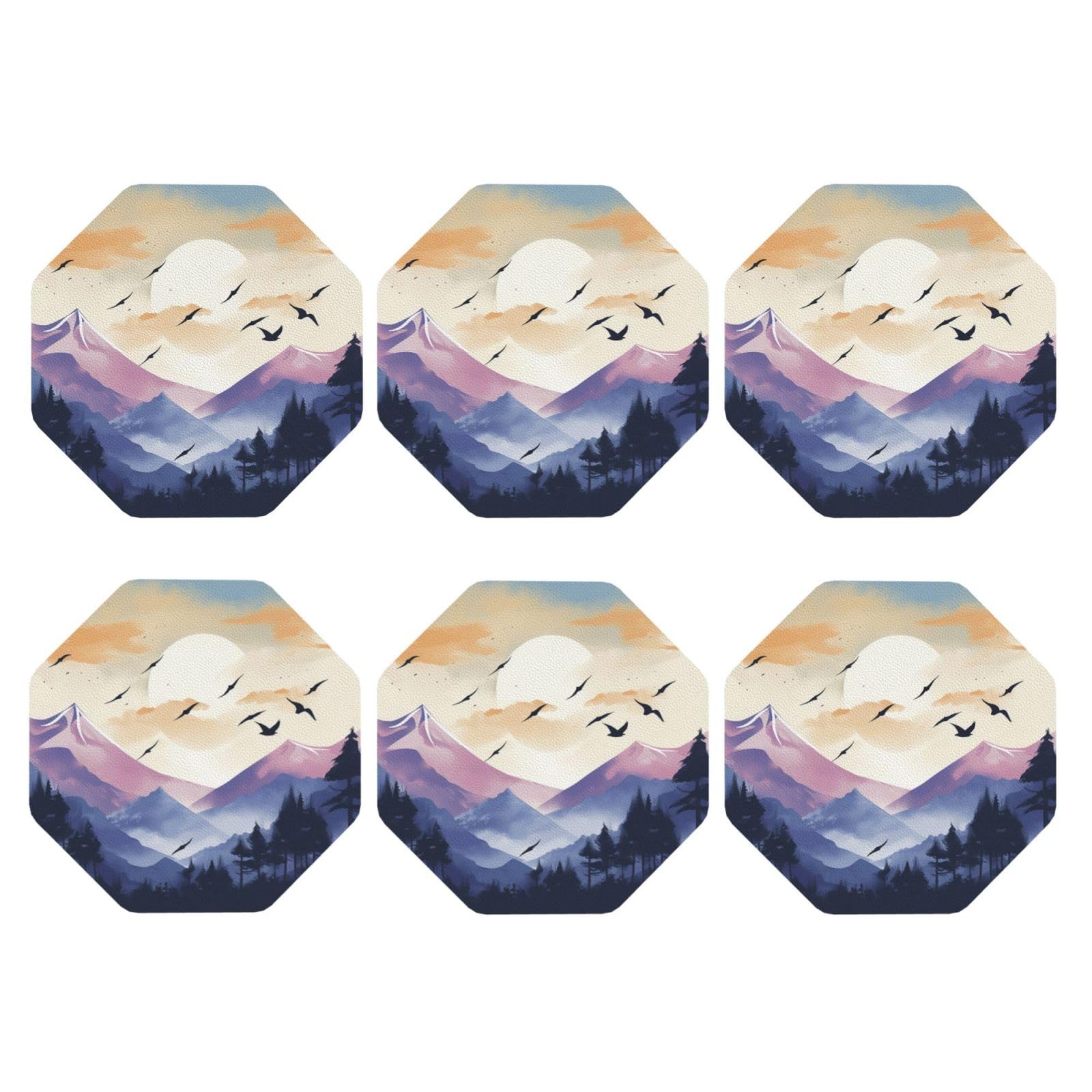 6pcs Leather Coasters for Drinks, Birds Flying At Sunset Drink Coasters for Tabletop Protection, 4" Cup Coasters for Coffee Table Decor, Non-Slip Drinking Cup Mat for Hot Or Cold Drink