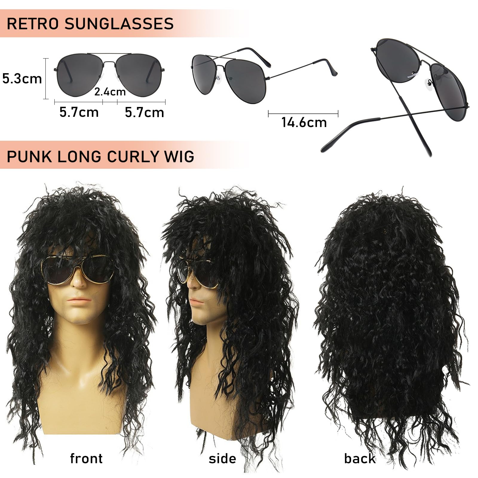 DKDDSSS Hippie Costume Set Hippie Accessories Heavy Metal Wig Set Hippy Fancy Dress Mens Accessories Disco Wig Costume Accessories for Men Women for 80s Theme Party Halloween Carnival Party (rock - Image 3