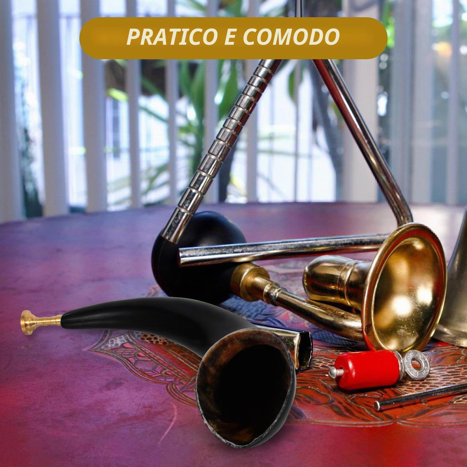 Corno Vichingo in Vero Corno di Bue Nero, Accessorio Portatile per Cosplay e Feste Pirata Tonalità Risonante e Design Ispirato al Cowboy Storico
