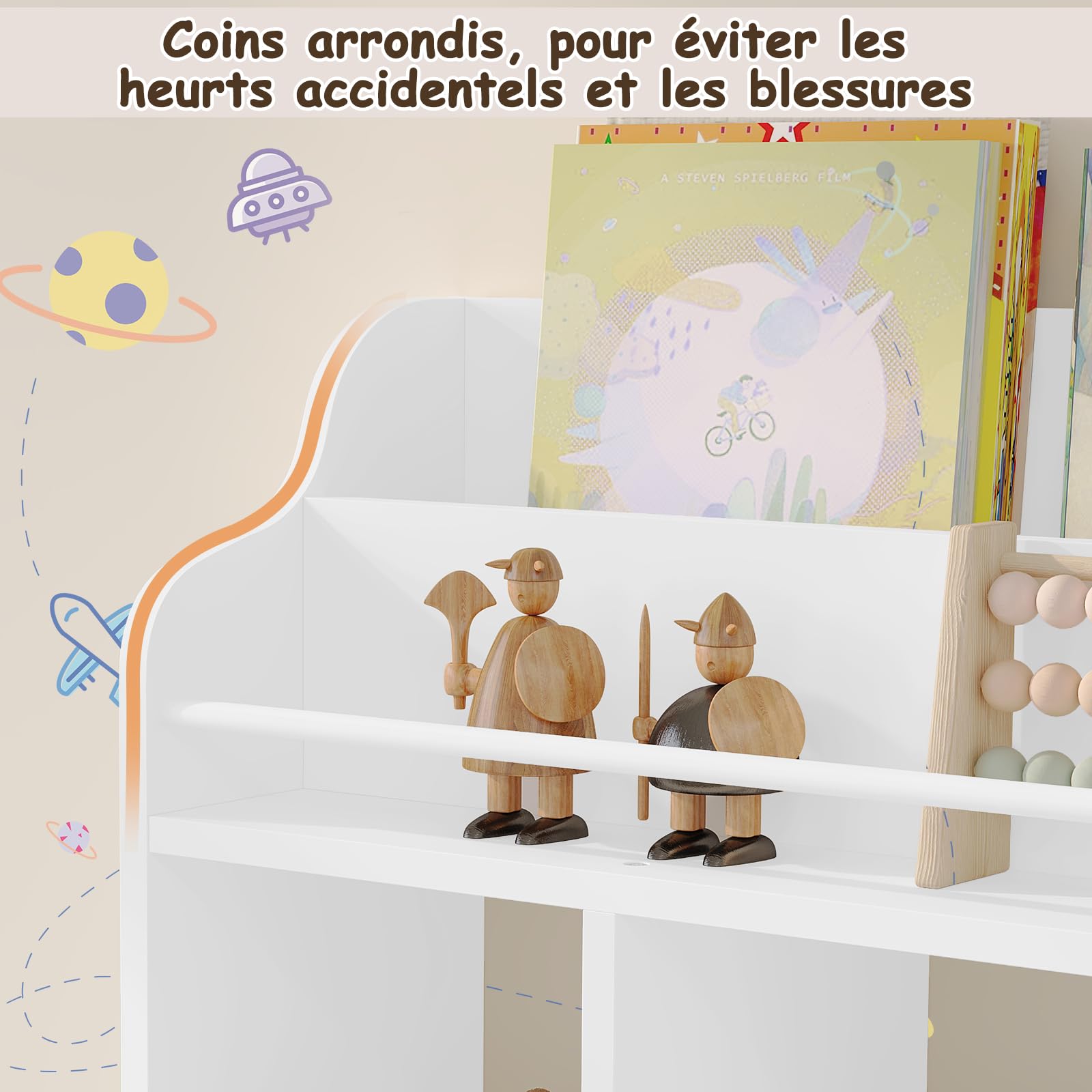 WOLTU Étagère Murale Enfant, Bibliothèque Murale, Bibliothèque Enfant, Étagère Livre Enfant avec 3 Compartiments Ouverts, 2 Étagères, 4 Crochets, en MDF et Bois Massif, Blanc