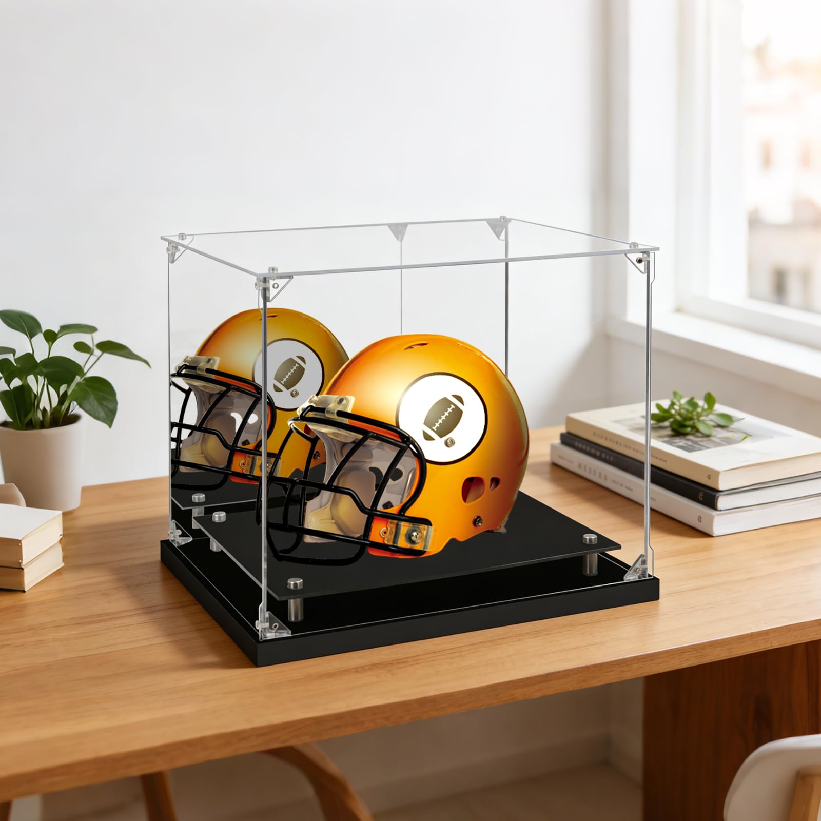 Vitrina de casco de fútbol, vitrina de acrílico con parte trasera de espejo, a prueba de polvo, transparente para coleccionables, figuras, Lego, modelos, juguetes (38 x 29,2 x 31 cm)