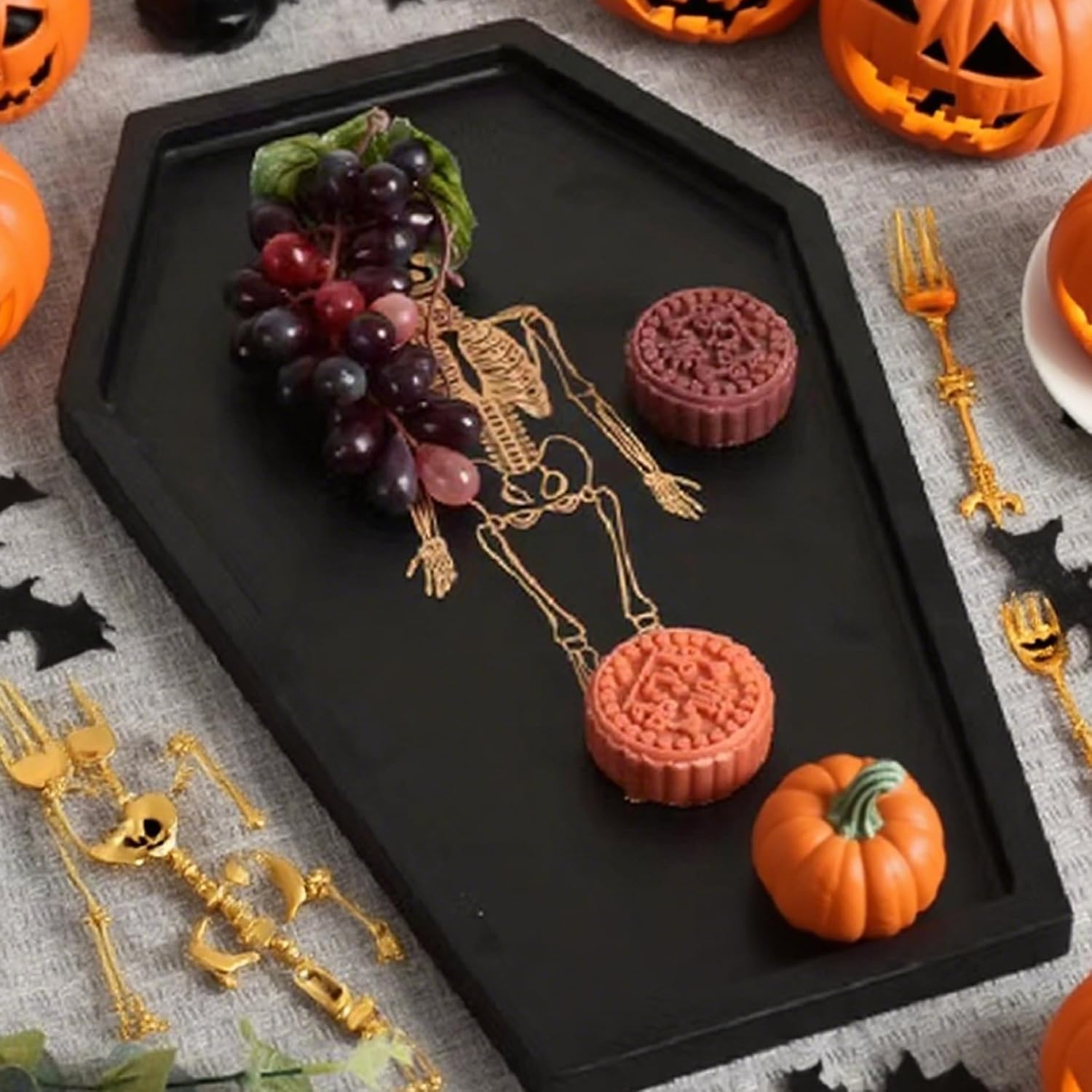 Halloween Charcuterie Board 11x15.7 Coffin Halloween Serving Dishes with Engraved Skeleton Gothic Coffin Letter Board for Food Party