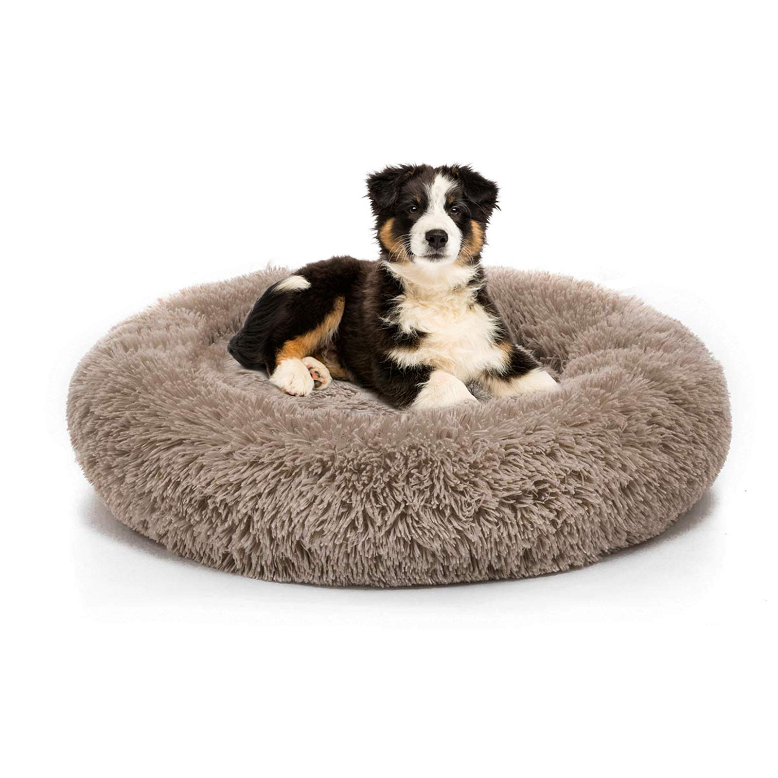 GT Long Plush Comfy Calming & Self-Warming Bed for Cat & Dog, Anti Anxiety, Furry, Soothing, Fluffy, Washable, Abbyspace, Marshmellow Pet Donut Bed (XL,khaki)