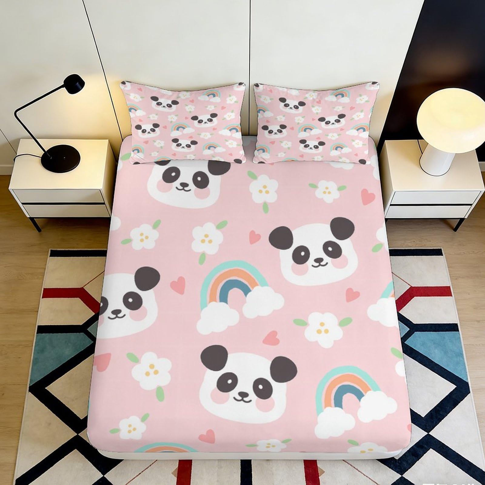 3D Printed Cute Panda Pattern Fitted Sheet Microfiber Soft Breathable Rainbow Bed Sheet for Bedroom Dormitory Guest Room Mattress Protection Decor 90x200x25cm
