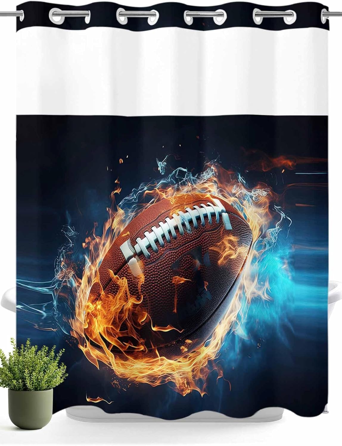 Sport Football No Hook Shower Curtain and Liner Set with Fire Snap in Shower Curtains Waterproof Bath Curtain with See Through Top Window Hotel Liner Set 72" x 72"