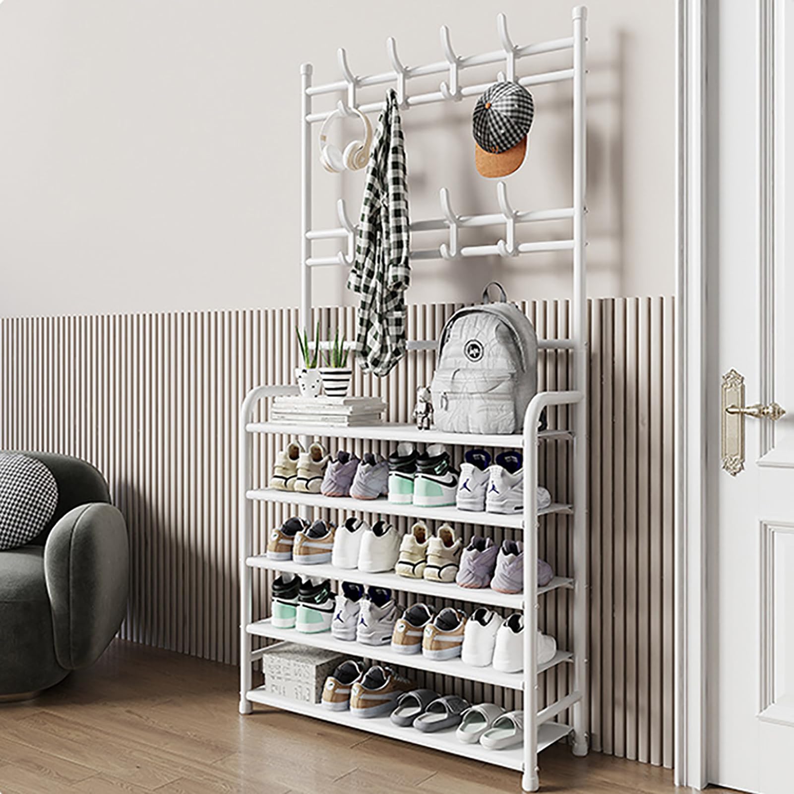 Garderobe mit Schuhaufbewahrung, Metall-Schuhregal, Garderobenleiste mit 8 abnehmbaren Haken, 5 Ebenen, Regale für Wohnzimmer, Badezimmer, Flur (Weiß, 172 x 60 x 26 cm)