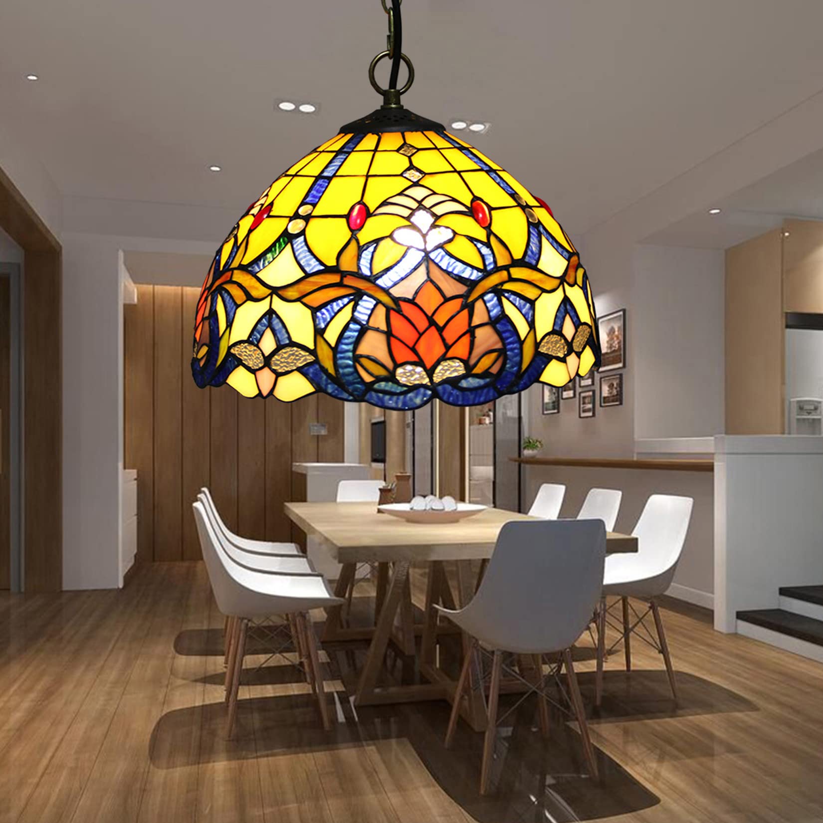 HJRegaFimu Pendant Light For Kitchen Island Floral Flowers Stained Glass Lampshade Farmhouse Hanging With Chain Mini Swag Chandelier Dining Room Hallway Closet (16in)