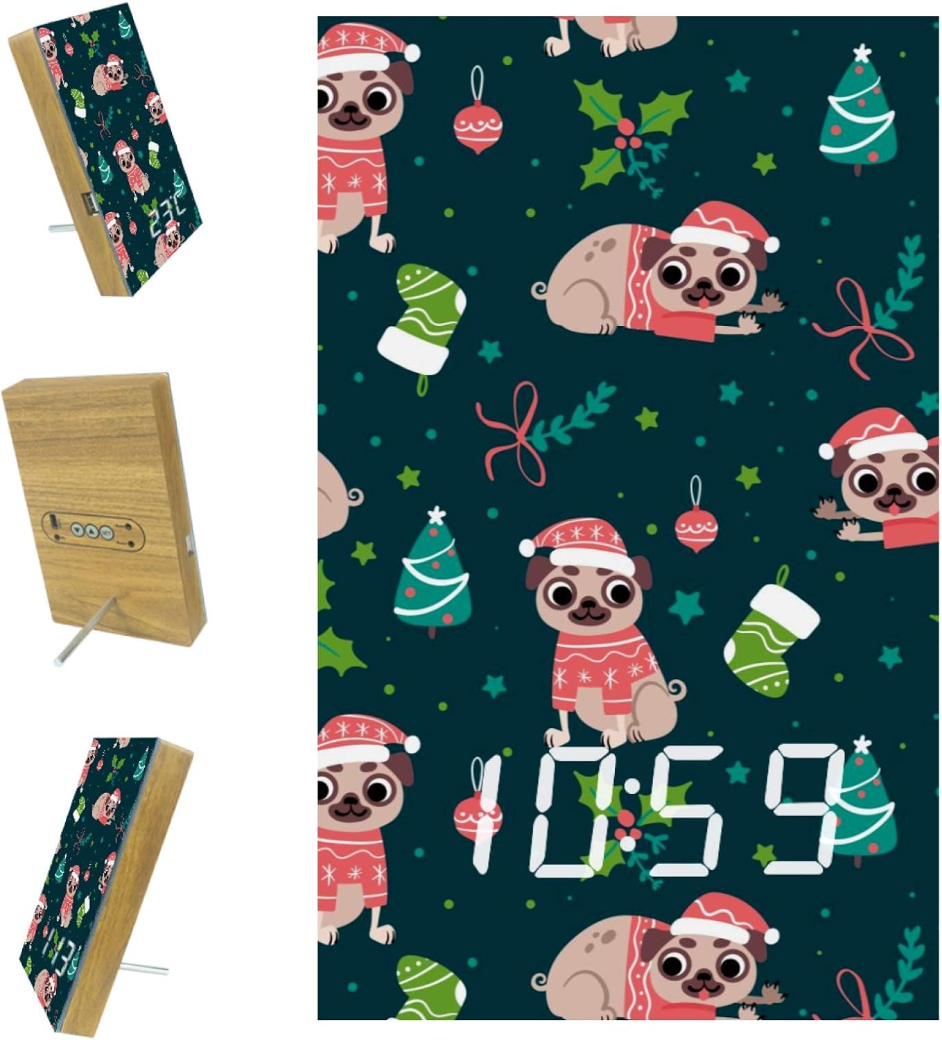 Z&Q Luces-Despertador Infantiles Campanas de Perro Pug Divertido Reloj de Mesa con Control por Voz, Hora, Temperatura y Puerto USB 15.8x9.7x2.3 cm