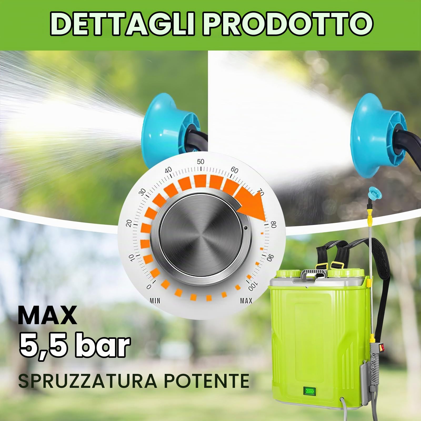 Polverizzatore elettrico da giardino 20L, spruzzatore per tetti con 2 batterie, lancia telescopica e 5 ugelli, pressione fino a 80 psi, per antischiuma di copertura e irrigazione delle piante.