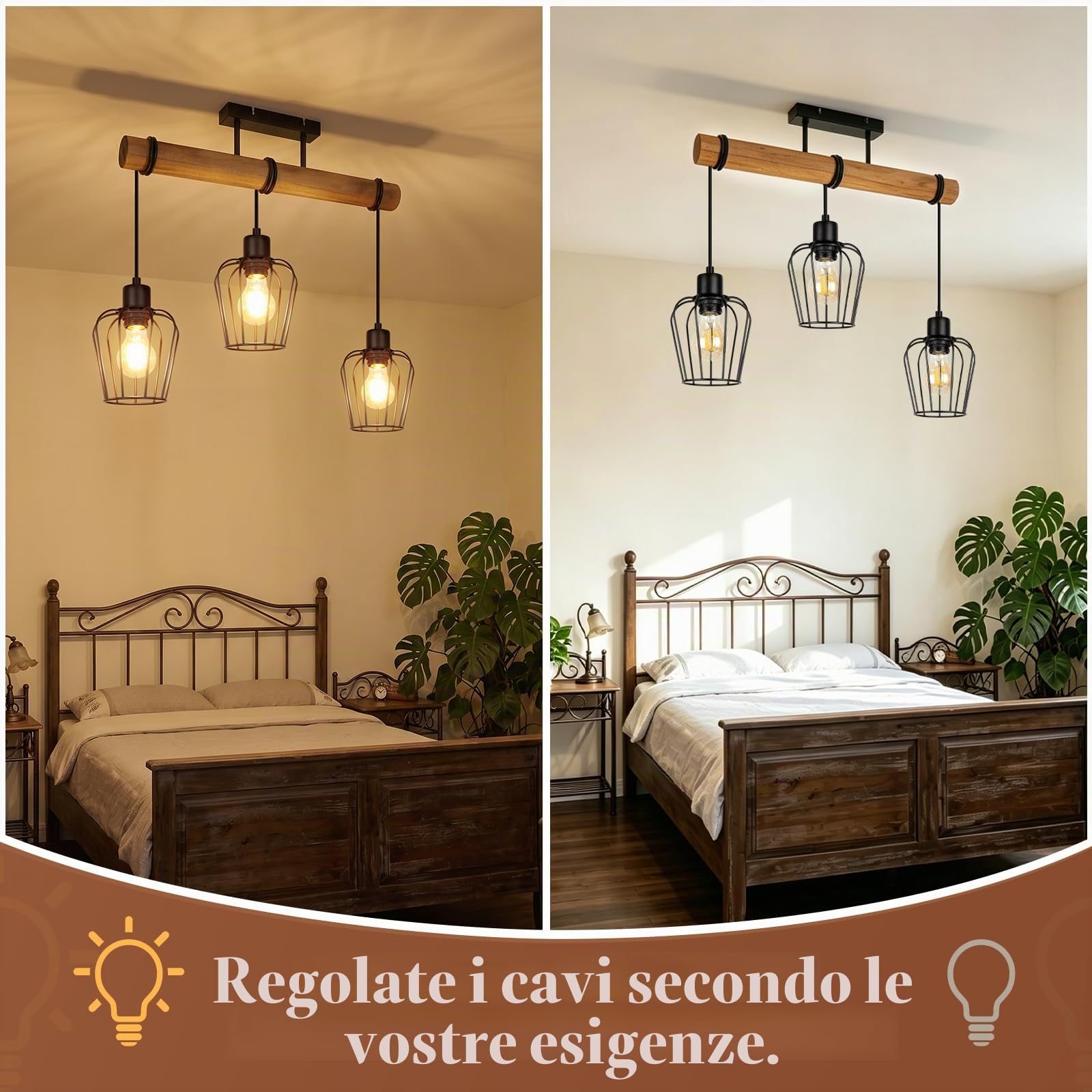 ZMH Plafoniera vintage Lampada da soffitto camera - Nero plafoniera | soffitto in legno e metallo con 3 luci retro portalampada E27 altezza regolabile design industriale illuminazione per interni