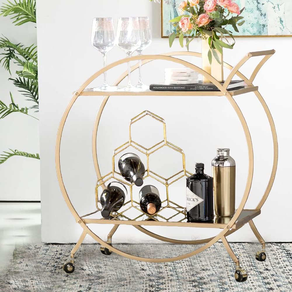 HEONITURE Bar Serving Cart with 2 Mirrored Shelves, Metal Kitchen Serving Cart, Gold Round Bar Carts for The Home/Kitchen/Club/Living Room, Rolling Wheeled Design (28.34''14.96''30.7'') - Bar & Serving Carts