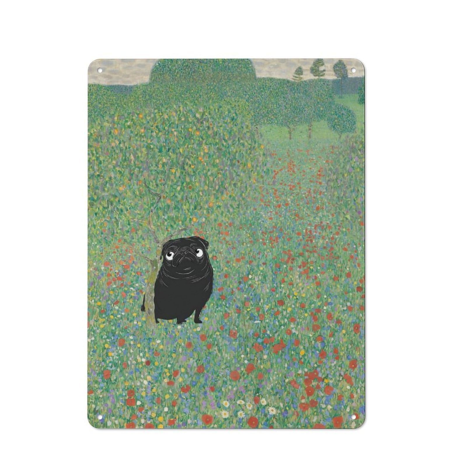 Junmoney Style Industrial Pug Poppies Gustav Klimt Art Decorative Metal Plaque 40X30cm, Studio Wall Art For Flat, Bar, Studio Or Gallery Wall
