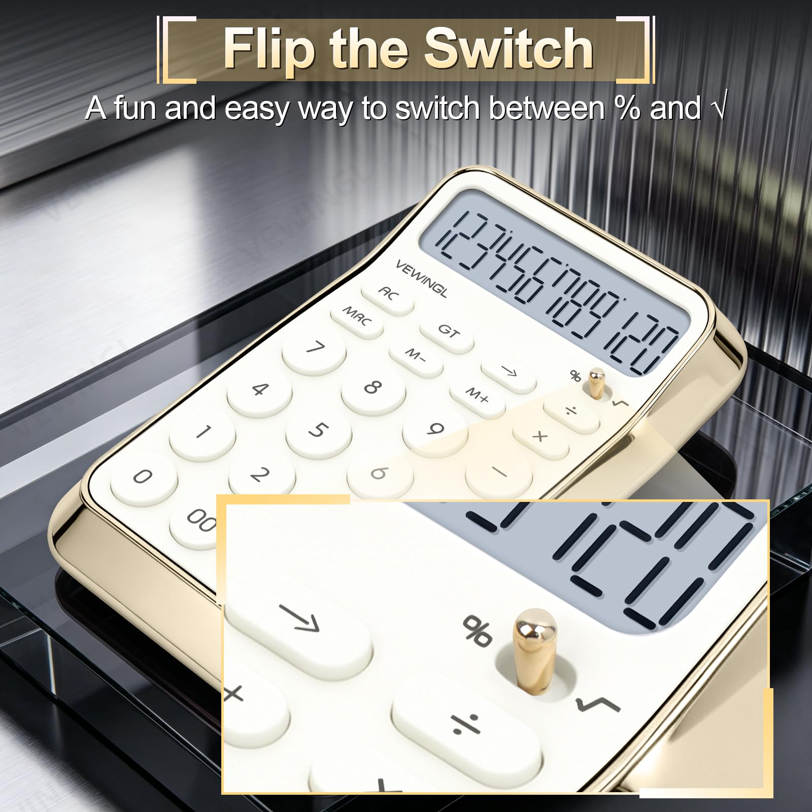 VEWINGL Calculadora de escritorio, pantalla HD de 12 dígitos con % de tecla, superficie metálica chapada al vacío, ideal para oficina, escuela u hogar (blanco galvanizado, sin voz)