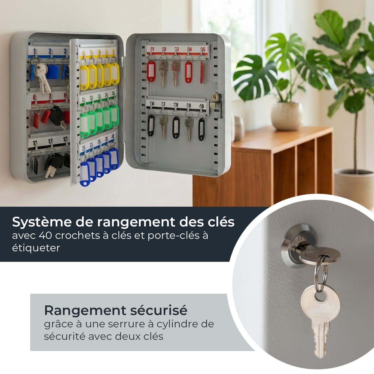 HMF Grande Armoire à clés en Acier, Coffret à clés verrouillable avec Serrure pour entrée, Bureau ou Garage | 40 Crochets pour clés | 30 x 24 x 7,5 cm | Gris Clair