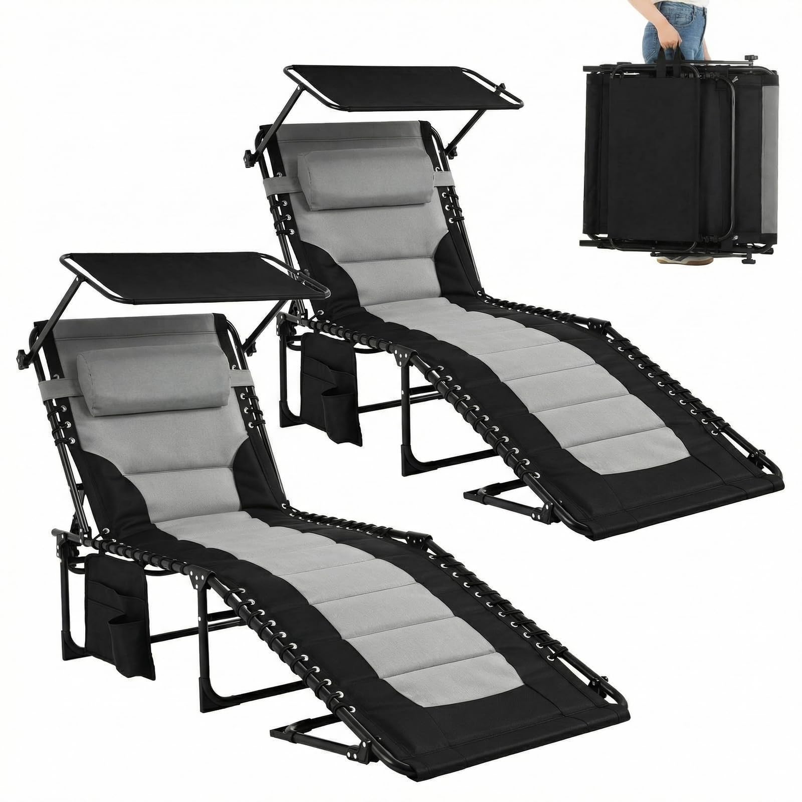 LIFERUN 200×66 cm Sonnenliege klappbar mit Dach 2er Set, gepolsterte Liegestuhl mit 5-Fach Verstellbarer Rückenlehne, extra Große Gartenliege bis 150 kg, faltbar für Balkon, Camping, Pool