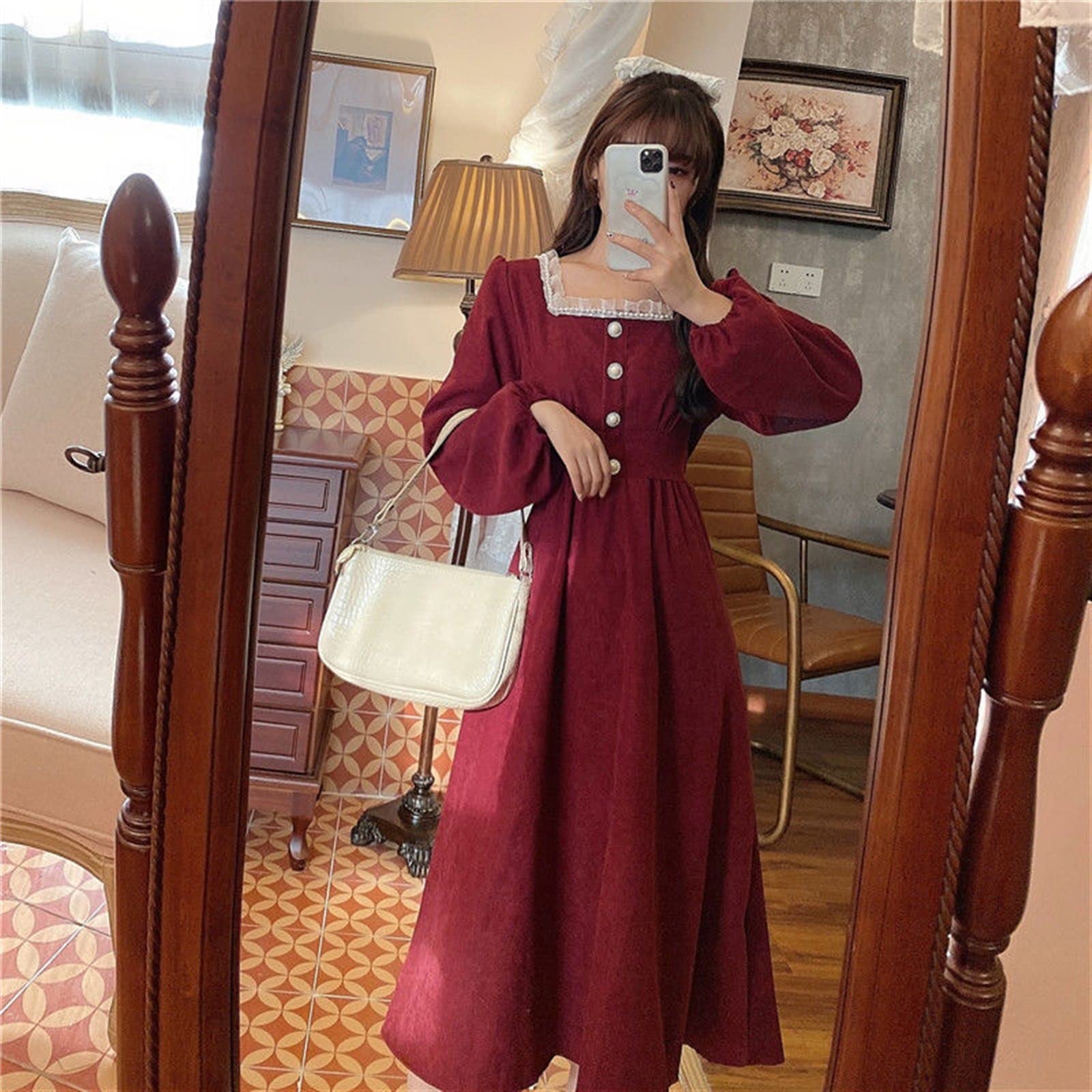 LEQURE brunch dress for women Dress Women Party style Long Sleeve Retro  Dress Lace-Up Autumn Evening Fairy Dress (Color : Burgundy, Size : M) : Buy  Online at Best Price in KSA -