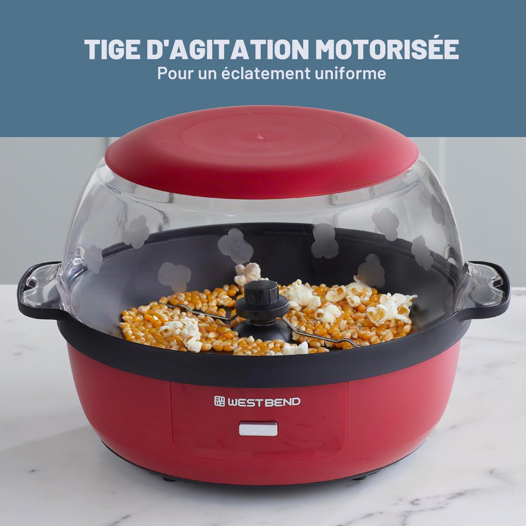 West Bend Stir Crazy Hot Oil Popper Machine à pop-corn avec grand couvercle et tige d'agitation, 6 pintes, rouge