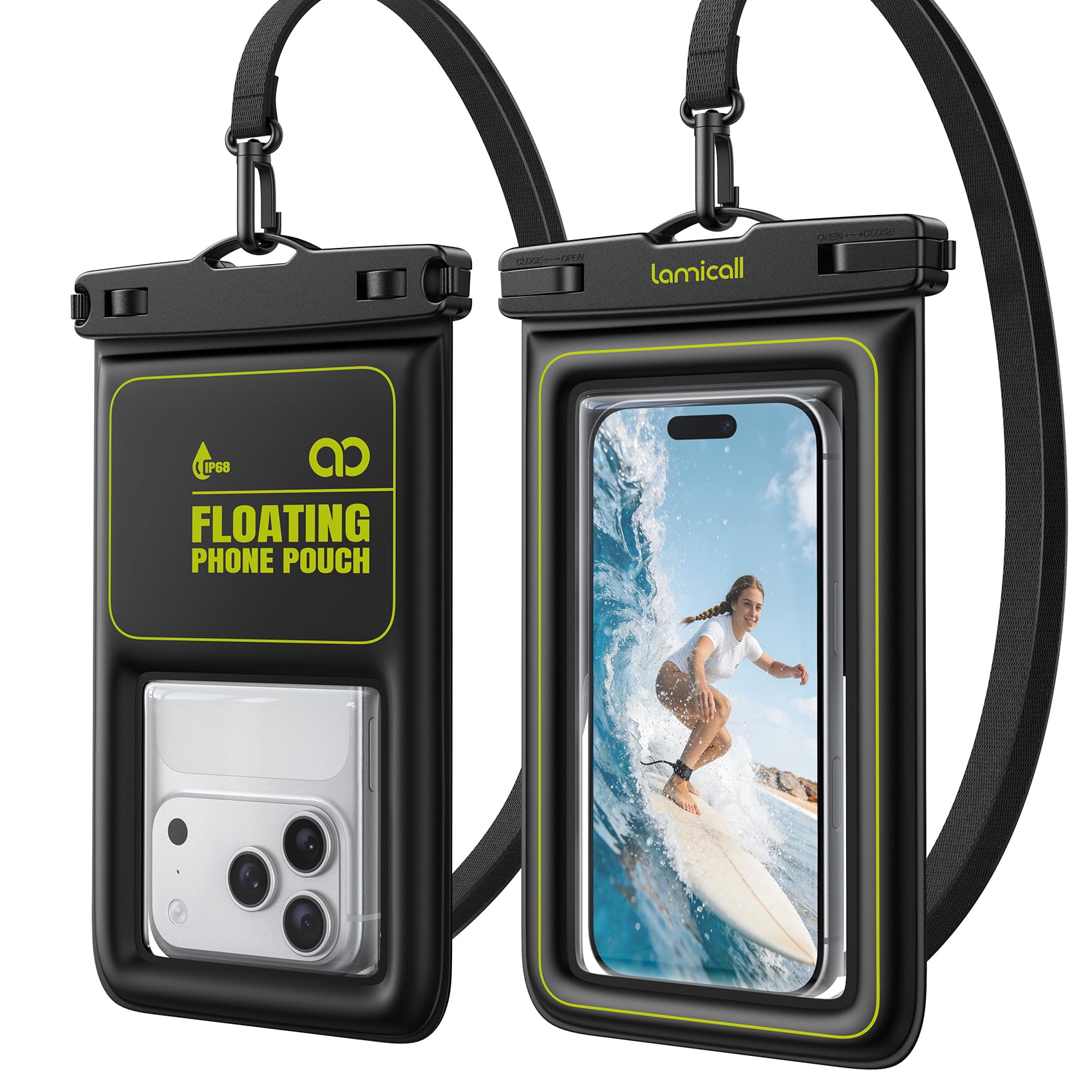 Lamicall Custodia Impermeabile Smartphone - [Galleggiabilità Superiore] 2 Pezzi IP68 Custodia Telefono Subacquea con Cordino Regolabile, Chiusura Sicurezza, Cover Impermeabile Telefono Fino a 7,5"