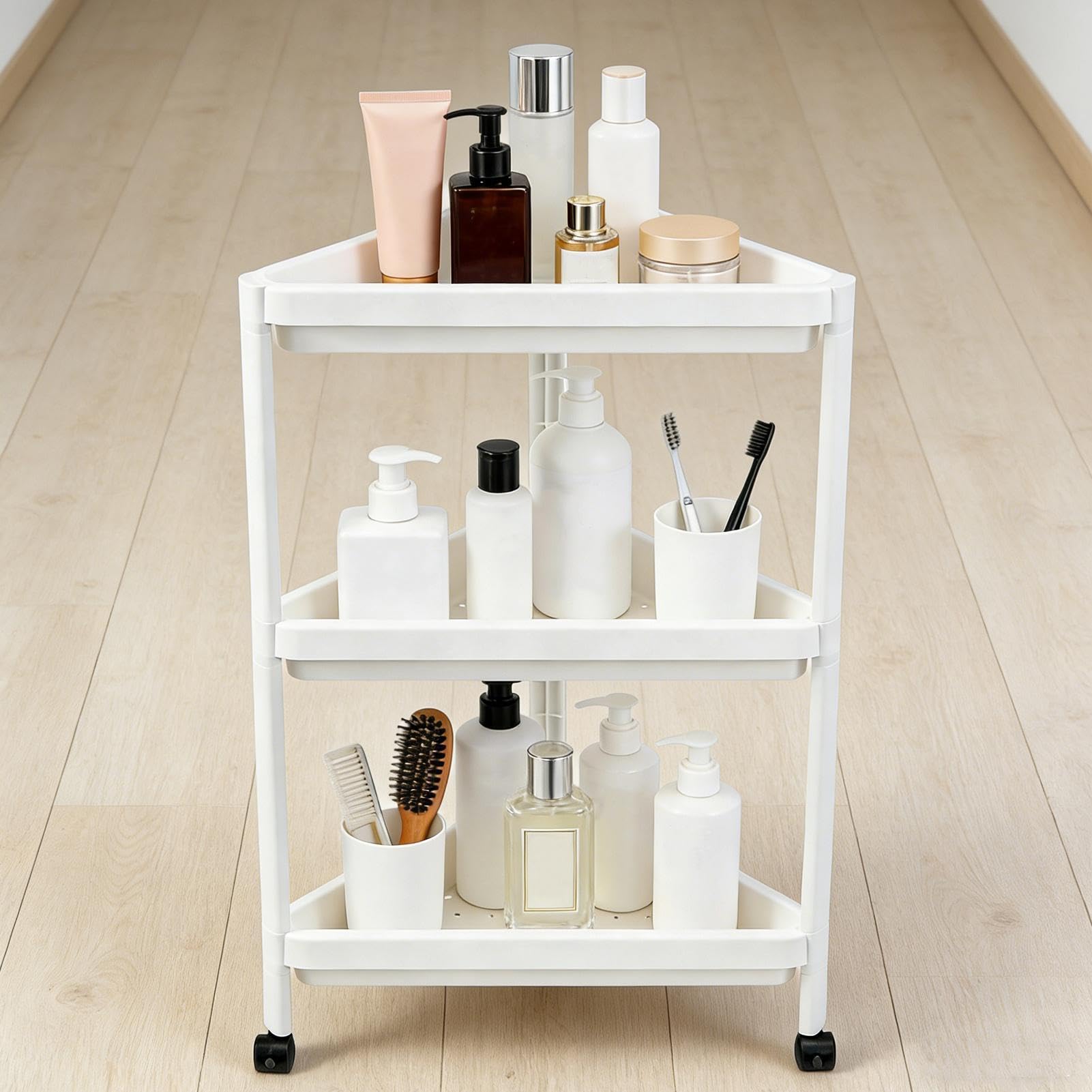 Estante Pequeño de Esquina Organizador Móvil de 3 Niveles con Ruedas | Unidad de estante triangular vertical para salón, dormitorio, estudio, baño, cocina, libros, macetas, artículos de