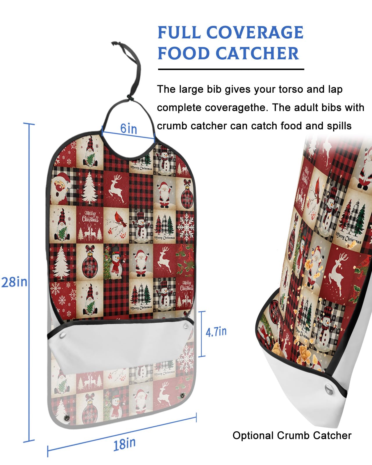 Christmas Checkered Adult Bibs for Eating, Waterproof Bibs with Food Catcher & Adjustable Snap Closure, Retro Snowman Santa Xmas Tree Bird Elk Clothing Protectors Adult Bibs for Elderly Women/Men