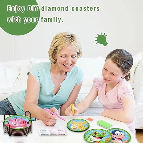 Miniatura 5 de FOWSEEK 6 posavasos con diseño de animales de dibujos animados, bonitos posavasos de pintura de diamantes con soporte, kits de pintura de diamantes