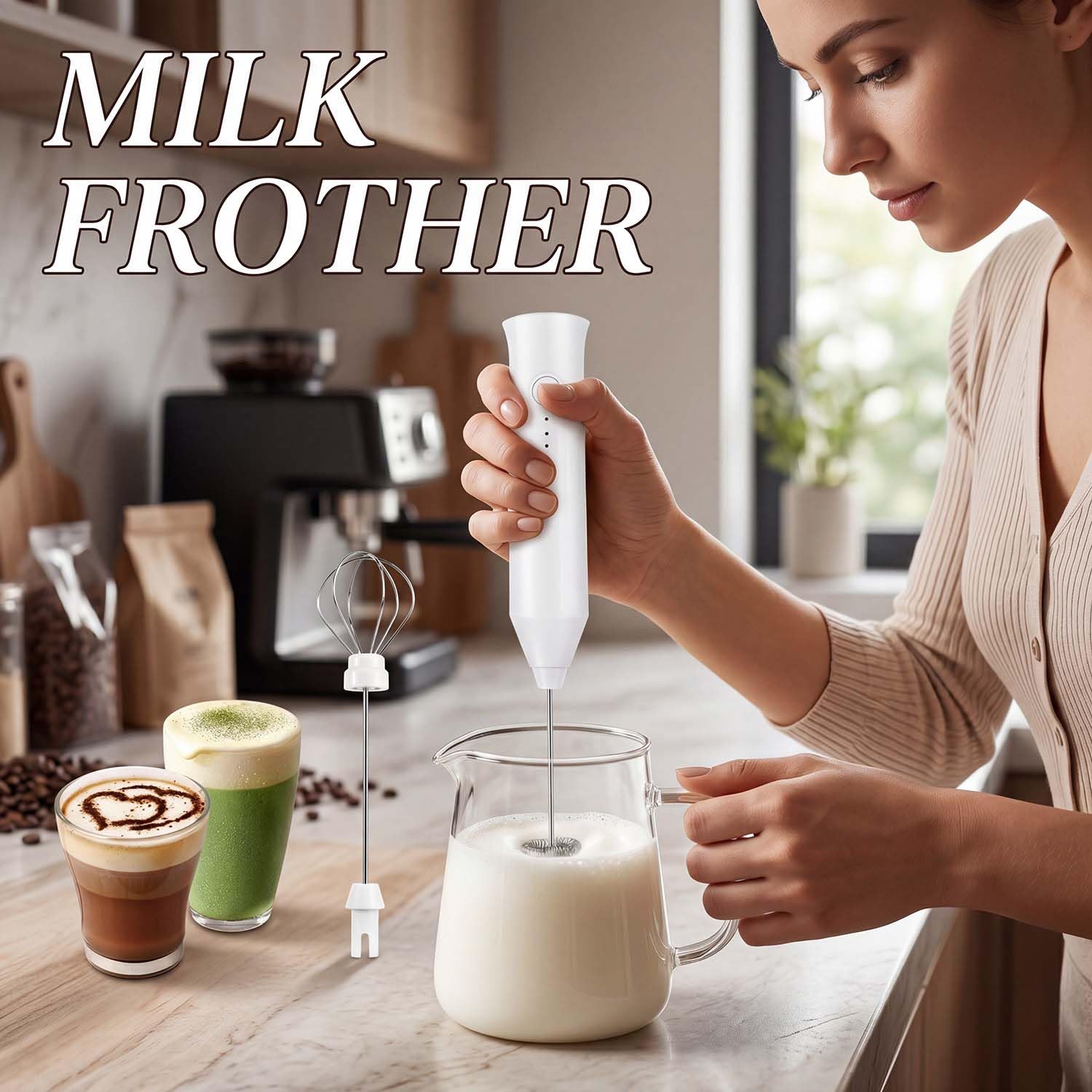 Espumador de leche de mano, potente máquina eléctrica de espuma de leche con 2 batidores de acero inoxidable, recargable de 3 velocidades para café, latte, capuchino, matcha, Navidad (blanco)