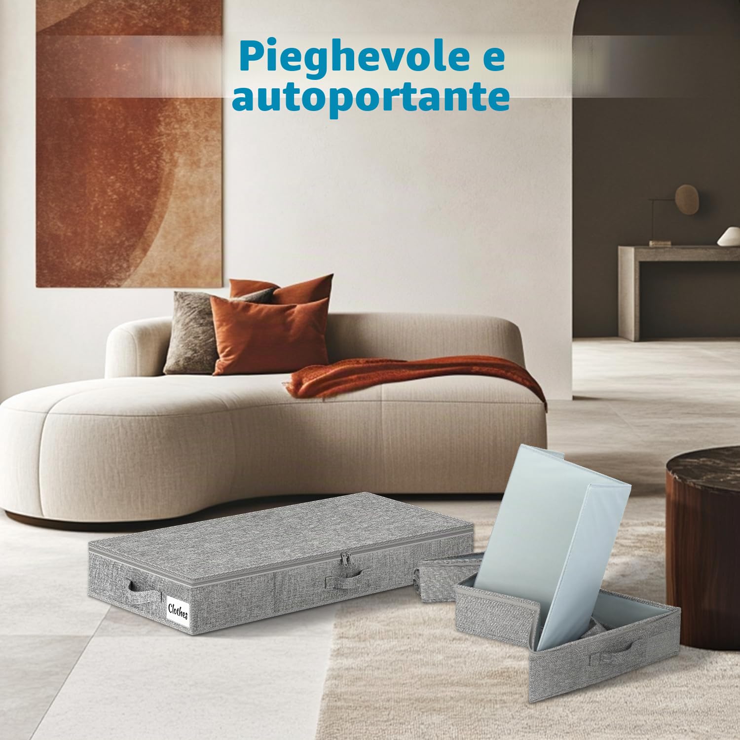 Contenitore sotto il letto, con coperchio, altezza 12 cm, 2 pezzi, pieghevole, lavabile, con 3 maniglie, coperchio con cerniera, per vestiti, coperte
