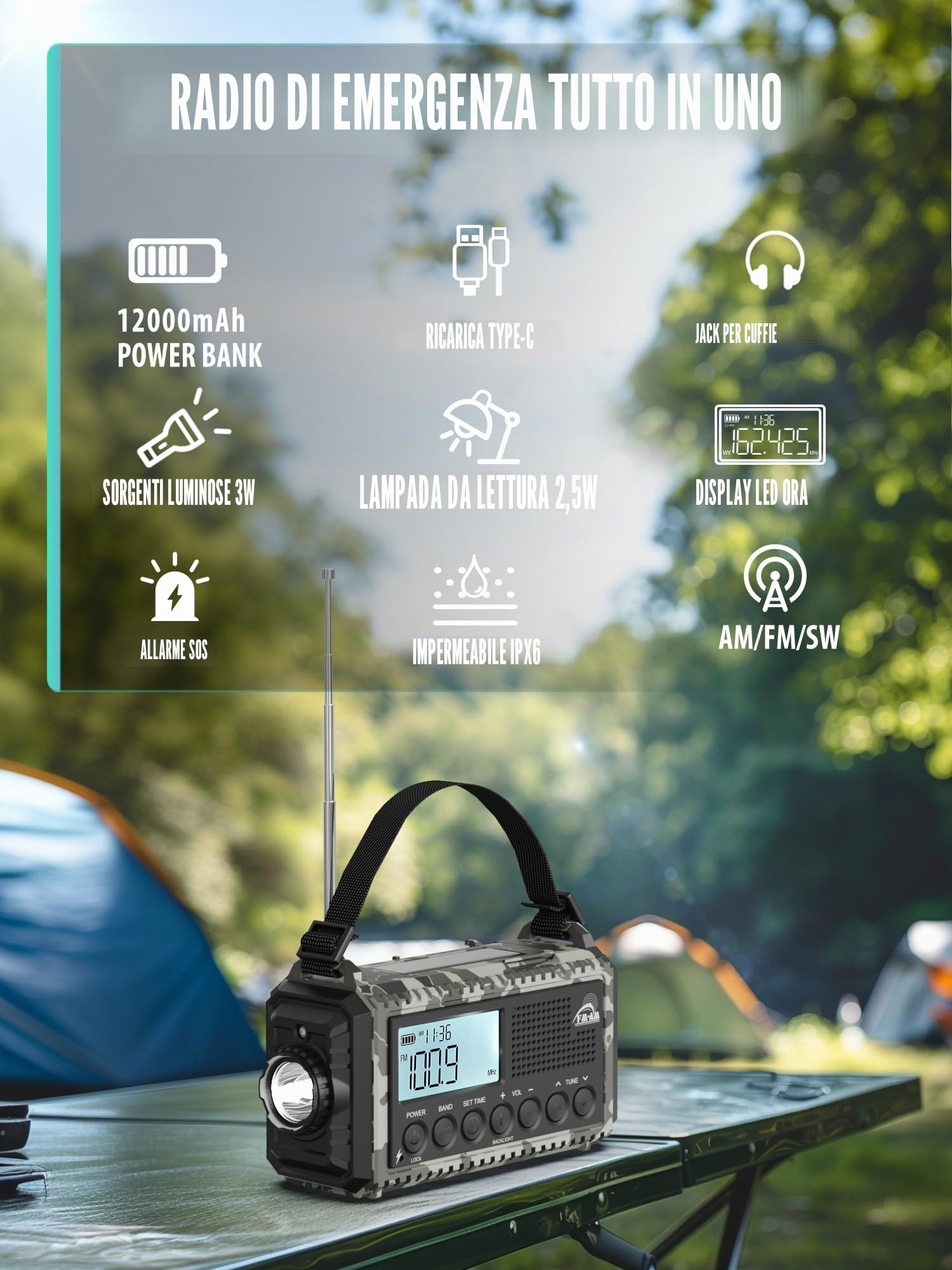 Radio Portatile di Emergenza 12000 mAh AM/FM/SW Ricaricabile Impermeabile