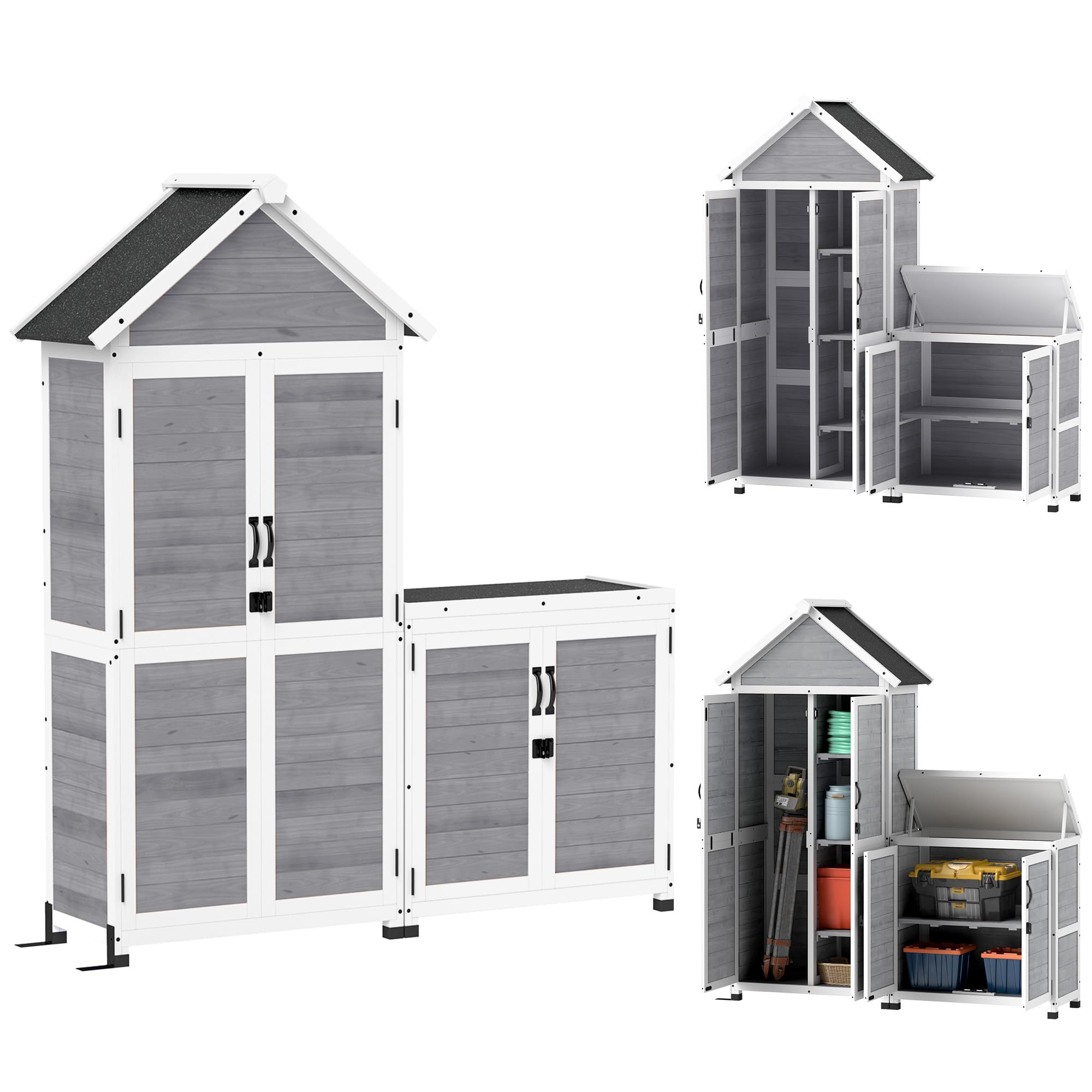 Outsunny Abri de Jardin + Armoire de Rangement en Bois, cabane de Jardin extérieur intérieur avec Toit incliné en Asphalte, étagères et Portes verrouillables, Armoire à Outils pour Balcon, Gris