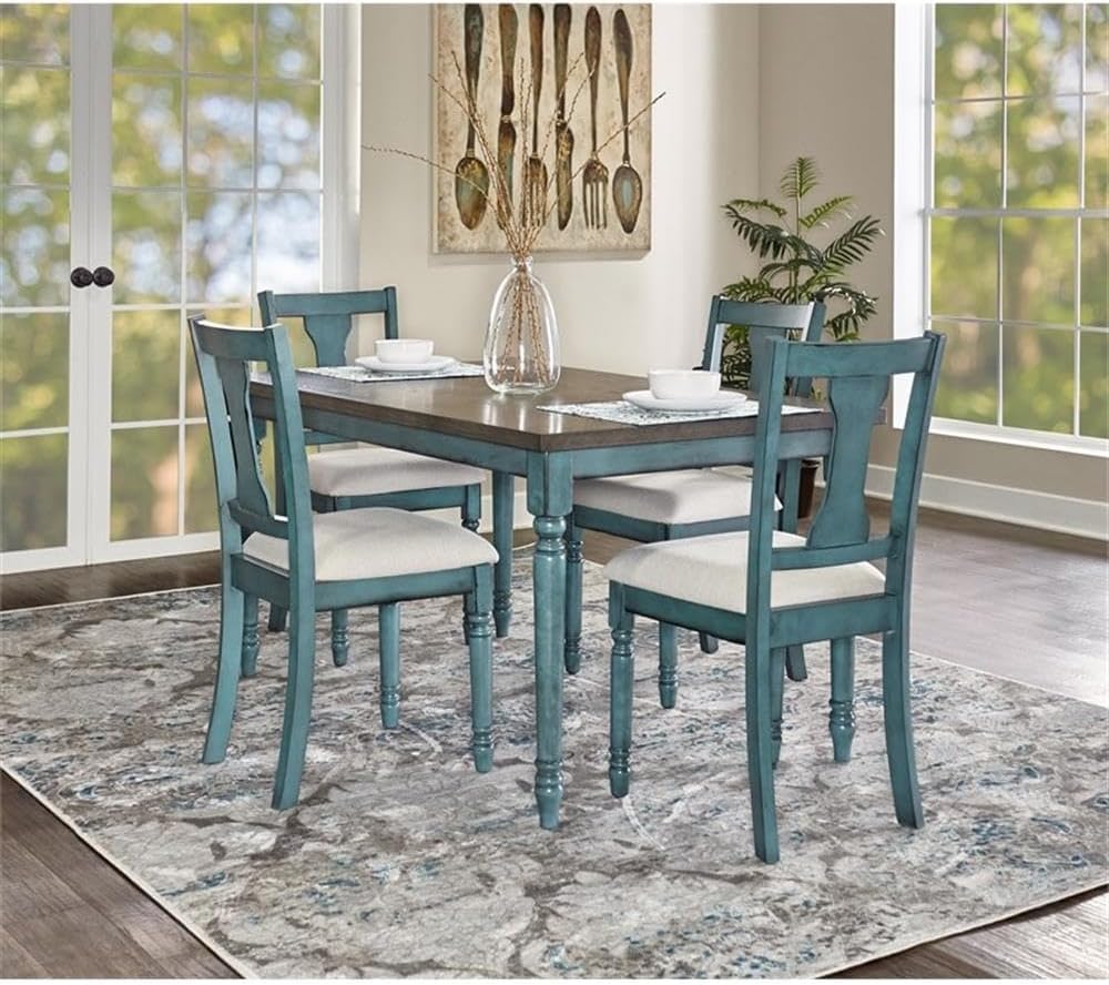 BOWERY HILL Willow 5 Piece Wood Dining Set, Teal Blue Finish, MDF with Oak Veneer & Rubberwood, Table 59 x 35 x 30 in, Chairs with Padded Seats, Turned Legs, Modern Farmhouse Style for Kitchen or